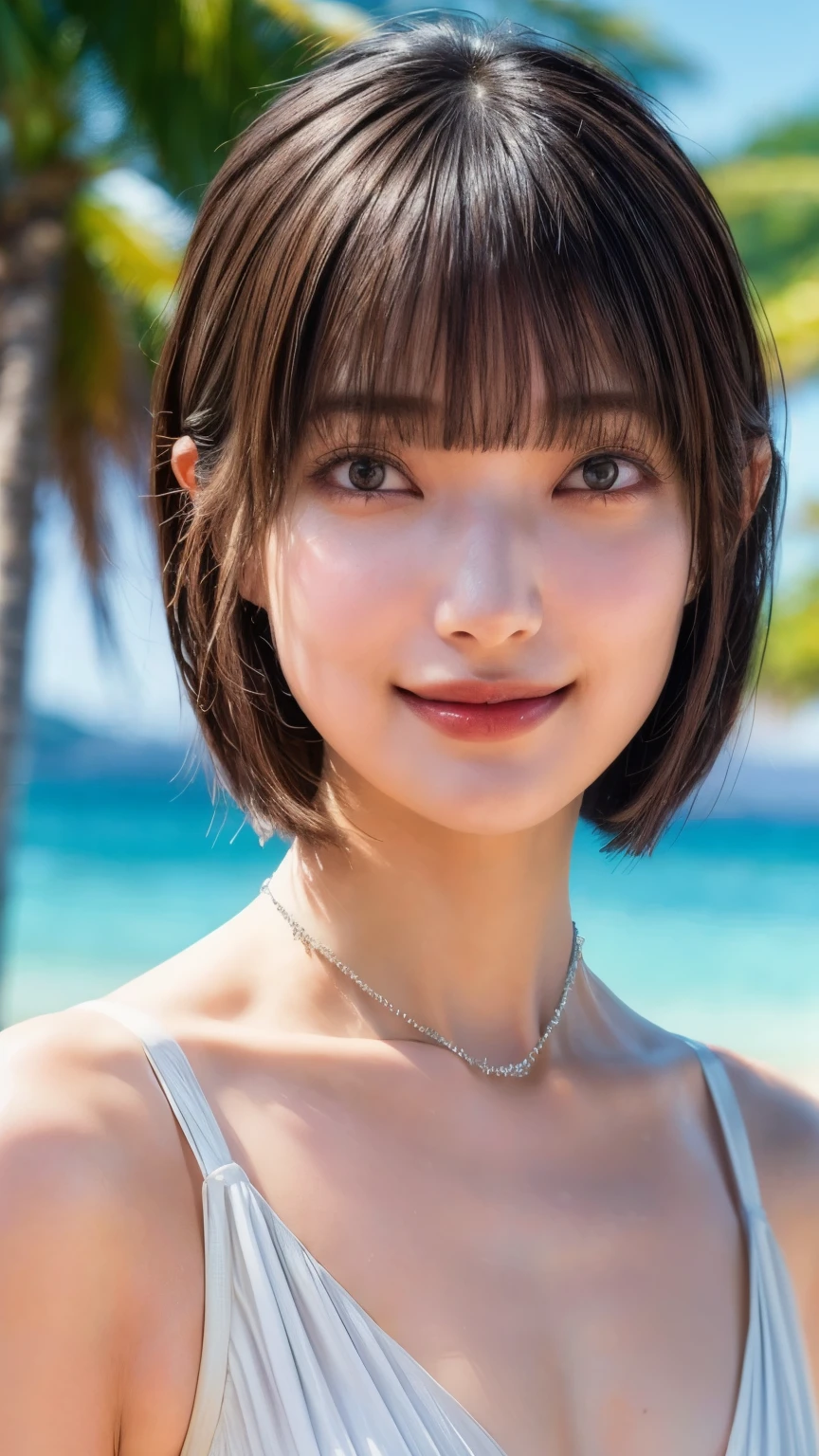 (realistic, photo-realistic:1.4), (masterpiece, best quality:1.2), RAW photo, high resolution, intricate details, extremely detailed, realistic and sharp details, cinematic lighting, portrait, (bust shot, frontal photography, front view, lower angle view:1.5), solo, 1girl, a 24 years old Japanese female idol, seductive pose, dark hair, (bowl cut hair, blunt bangs:1.3), (detailed face, beautiful detailed eyes, symmetrical eyes, beautiful pupils, sophisticated nose, cheerful grin), pale skin, (collarbone, midriff, navel), (tiny breasts, flat chest), (seductive bikini, tiny bra, tiny thong, thin strap, sleeveless, choker, jewelry), photo background, outdoors, tropical beach,,[Rei Ozono]