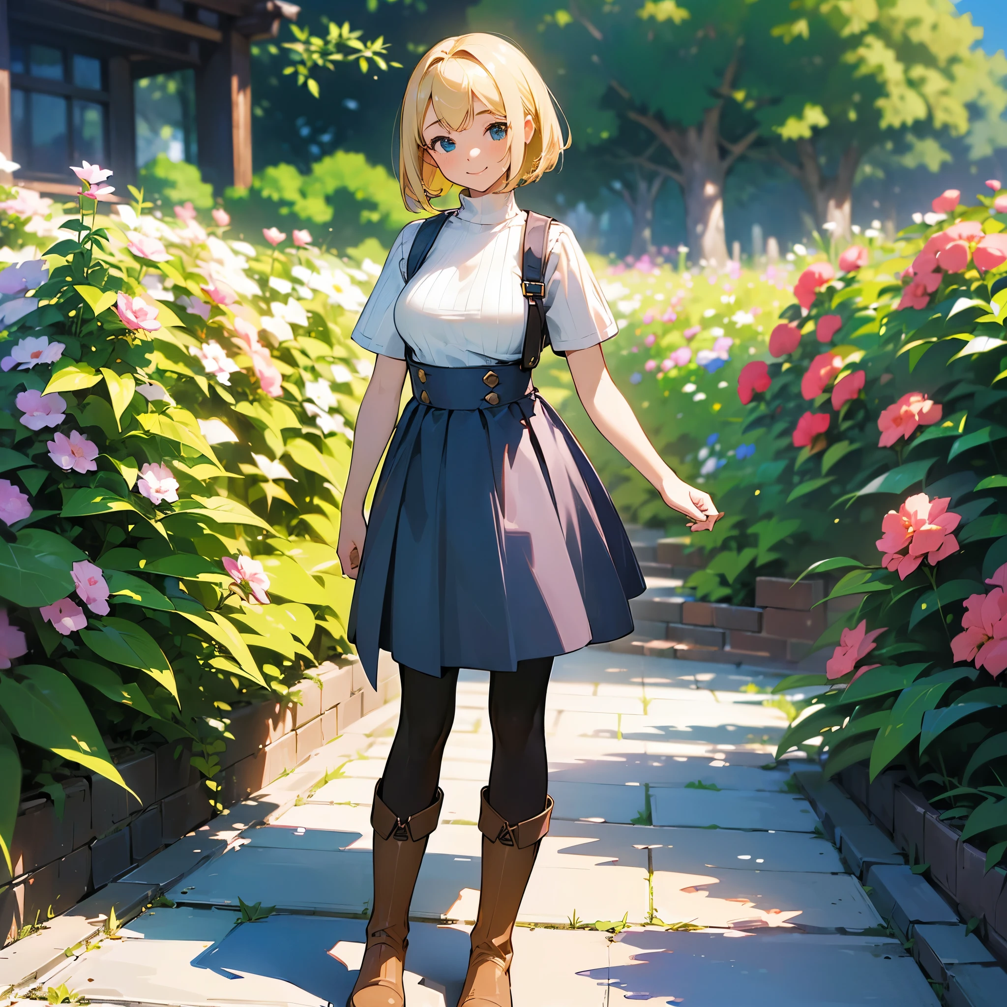 (high quality, High resolution, Very detailed, reality:1.37), Peaceful atmosphere, (Outdoor, garden), Teenage girl standing alone, (my breasts are big.), Beautiful details, Cute Smile, (Blonde Bob Hair), Short sleeve ribbed sweater, Blue Skirt, Black tights, Brown boots.