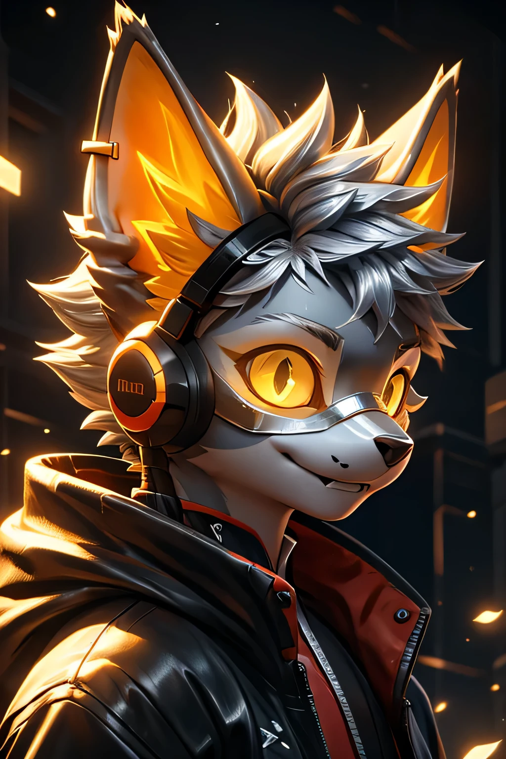 Young werewolf，Crimson fur，Wearing a black jacket with neon details，Wear an electronic mask，Wearing gaming headphones，avatar，Close-up of face，high quality，The art of math，，HD 4k realism，((Clear structural details)))Show details，Exquisite eyes，(Yellow pupil)((Silvery-white glowing eyes))Slim，Soft，4K，Excellent quality，High Detail，Delicate fur，((Yellowtail in the right place))Light blue shirt。Pale yellow ears，hair，whole body，permanent，small short mouth，personification，domineering