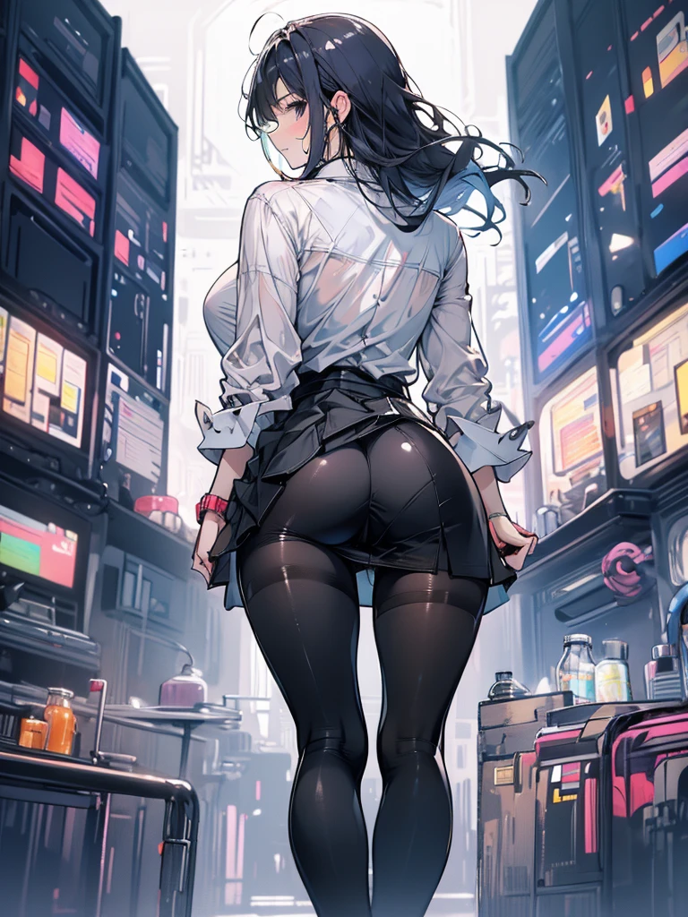 Woman, cute, baggy shirt, big butt, tights, skirt