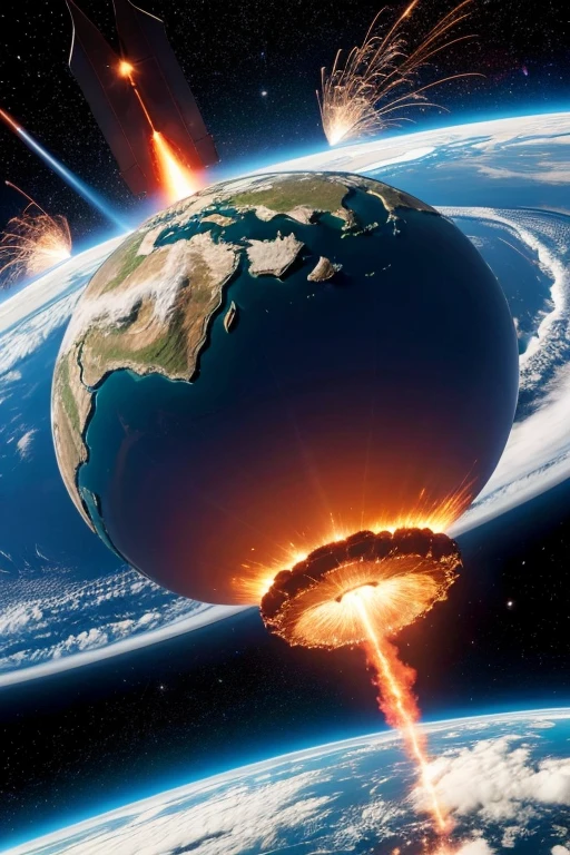 Spaceship attacking planet earth, explosoes, missiles exploding on earth, catastrophic explosions on the surface of the earth