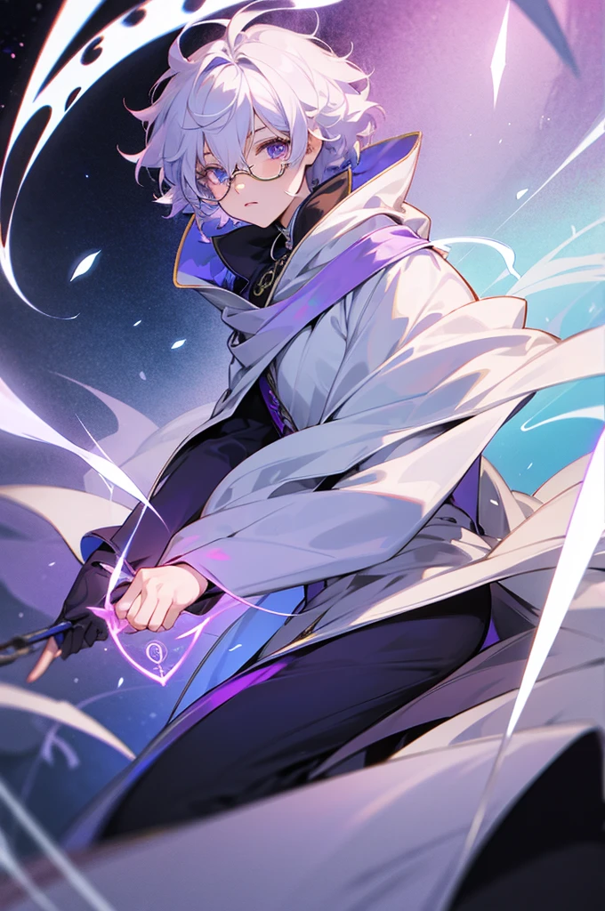 Androgynous white magician, RPG, curly short silver hair, eyes color lilac, using glasses, using time magic