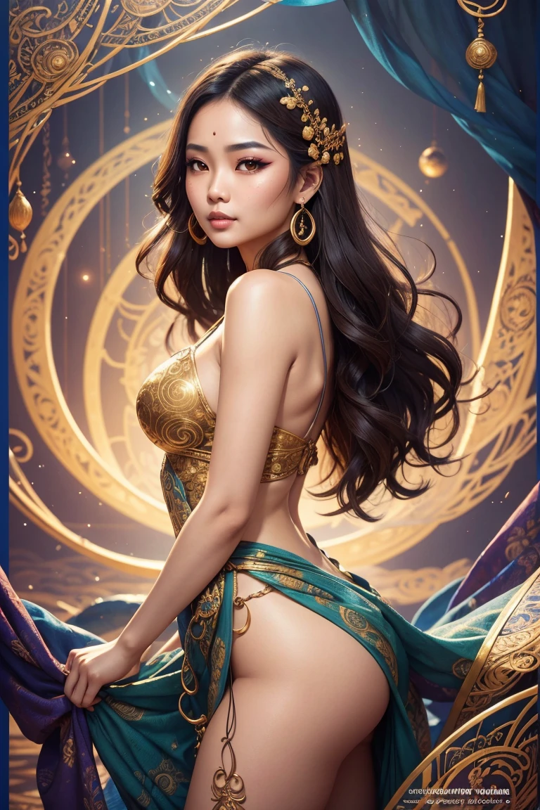 a vibrant and intricate digital portrait of a young (Southeast Asian woman:1.3) as an avatar, with a gentle, enigmatic smile and warm, inviting brown eyes, adorned with dramatic eyelashes and subtle freckles across the bridge of her nose, her long, dark hair cascading down her back in loose, flowing waves, against a soft, gradient background that shifts from deep blues to purples, with delicate, swirling patterns reminiscent of traditional batik designs, her slender, golden-brown skin glowing with a subtle, ethereal light, wearing a flowing, ornate outfit with intricate, colorful embroidery and beading, with a delicate, sparkling nose ring and dangling, ornate earrings, surrounded by lush, green foliage and wispy, cloud-like tendrils that evoke a sense of mysticism and wonder, thighs