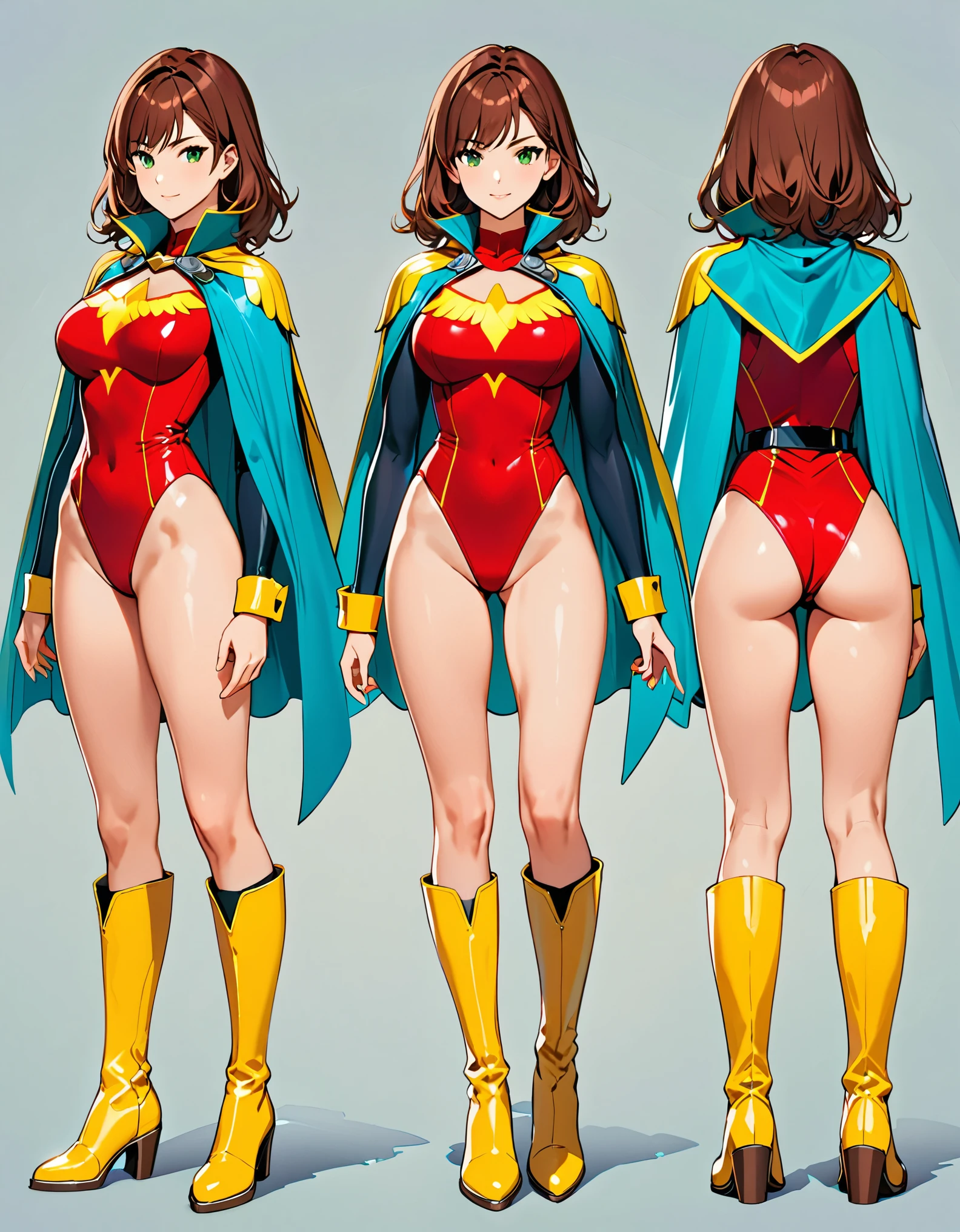 (masterpiece), (best quality), (high res), 1lady, tall body, professional, beautiful detailed eyes, beautiful detailed face, perfect hands, complete fingers, perfect anatomy, perfect proportions, ((brown hair, medium hair, hair down)), ((green eyes)), (leotard, matching leotard), ((red leotard, belt, tight belt, bare legs)), ((boots, matching boots, knee-high boots, yellow boots)), breasts, medium breasts, (full body portrait), looking at viewer, solo, solo focus, standing, (blue sleeves, yellow cuffs), (yellow hawk (symbol) on the chest), (medium cape, (cyan cape)), full body costume design. Simple background, Multiple Views, Character Sheet Full-Length.