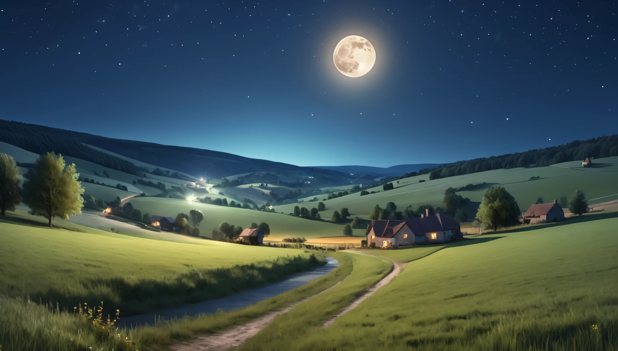 night,countryside,star,moon,Highest quality, 8k, High resolution, masterpiece:1.2, Very detailed, Realistic:1.37, High resolution, 超High resolution, Very detailed, Professional, Vibrant colors