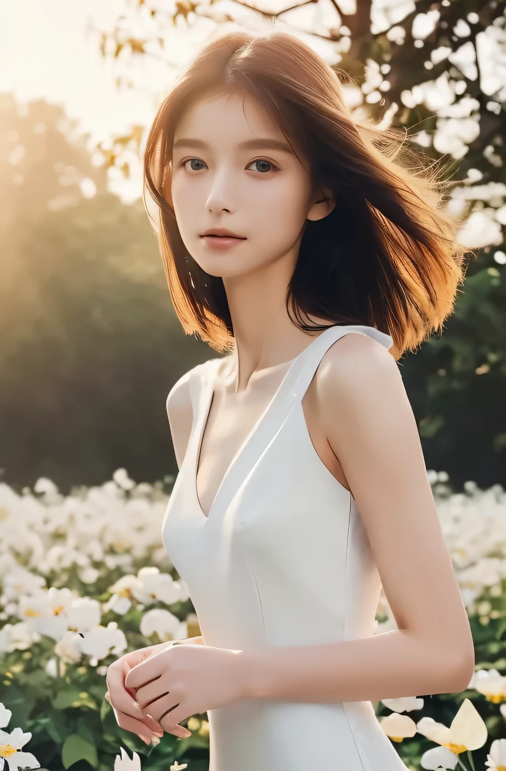 Highest quality, , (Petals fluttering:1.8), (My hair flutters in the wind:1.4), (A beautiful woman standing in a pure white flower garden:1.4), ((masterpiece, Highest quality, High resolution)), 1 girl, (Realistic: 1.4), (Great face and eyes:1.2), 17 years oldr, (Beautiful Hair:1.5), Climbing Wear, The background is Yakushima, Side Angle, (Skinny body type:1.3), (Flat Chest:1.3), (White camisole dress:1.3), (Face close-up:1.3), Sexy look, Smooth, (Gentle light:1.4), Highly detailed CG composite 8K wallpaper, High resolution RAW color photos, Professional photography, Light, BackLight, dream-like, impressive, Written boundary depth