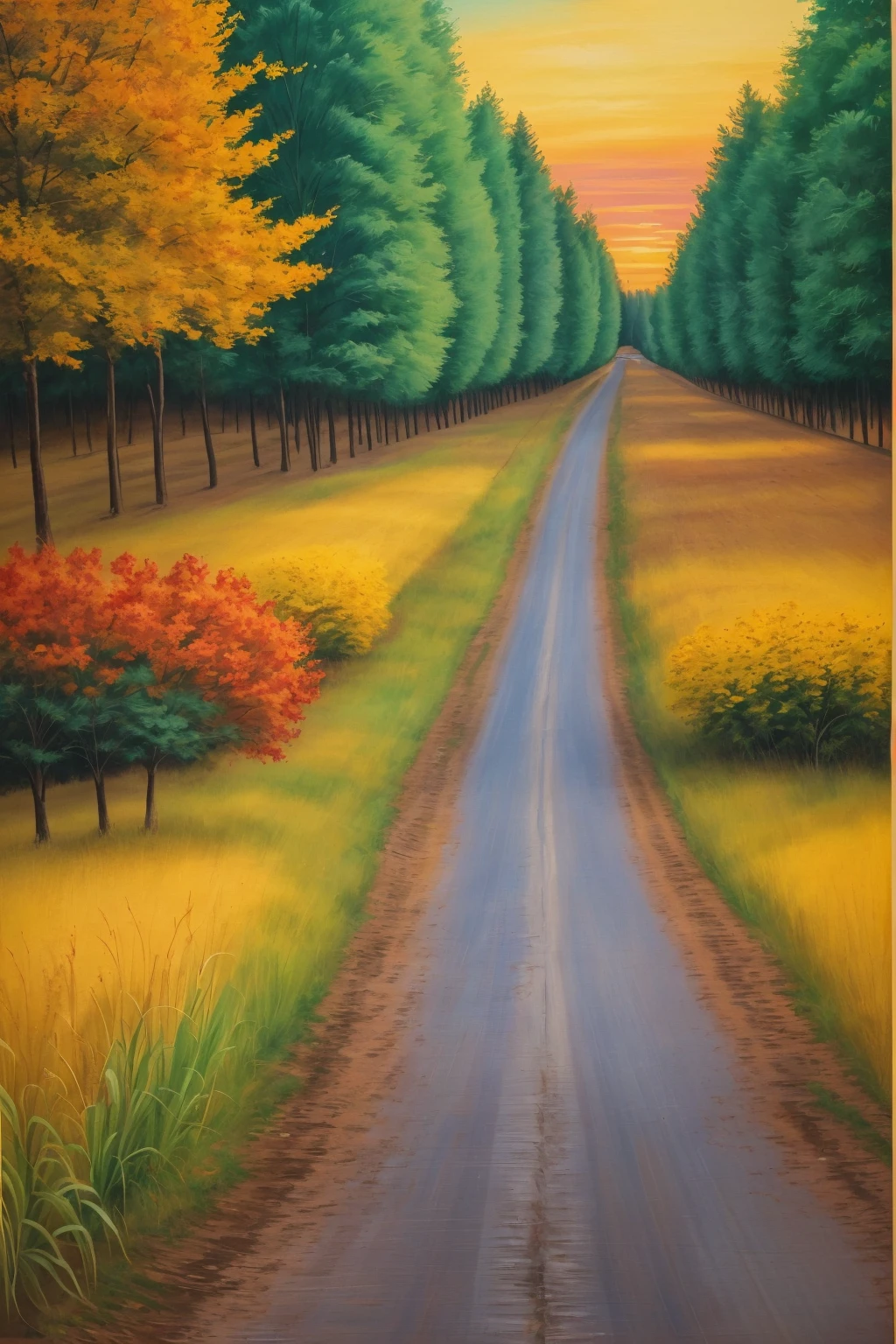 A countryside landscape, oil painting style street art:1.5, dirt road, bushes along the side of the road, tree, flowers, horizon with a beautiful sunset, highly detailed, cinematic lighting, photorealistic, vibrant colors, painterly, dramatic shadows, natural textures, atmospheric, rich palette