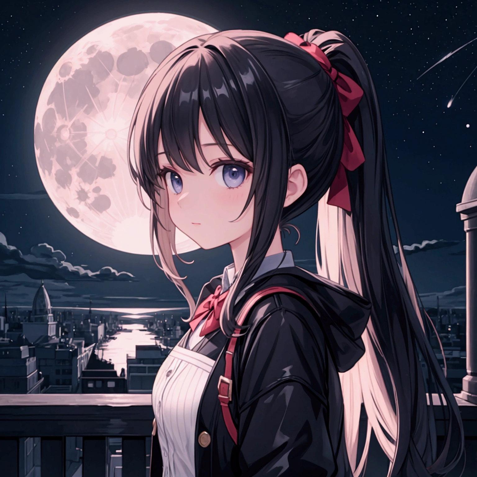 create the same girl as the model but looking at the moon