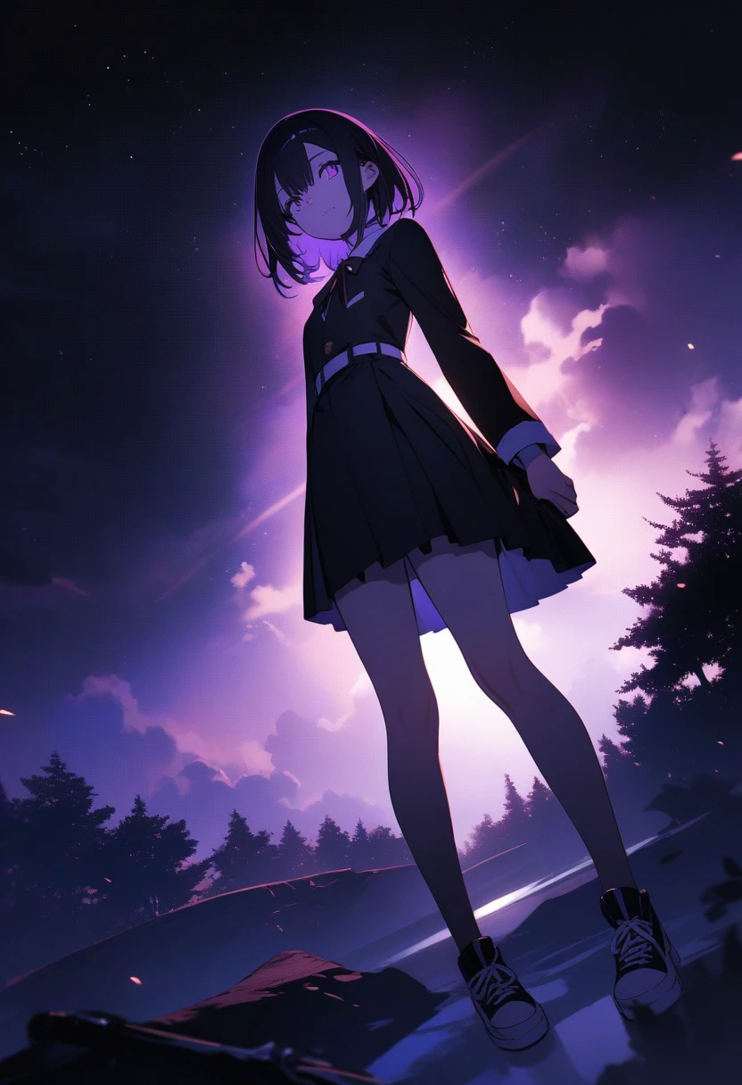 high quality, 最high quality、 Stylish design, (((The cutest witch))), ((Thin legs))、(((最high quality))), High resolution, ((detailed)), ((masterpiece)), ((Super detailed)), 17-year-old girl、(black one piece skirt)、((Light purple inner color))、View angle from below