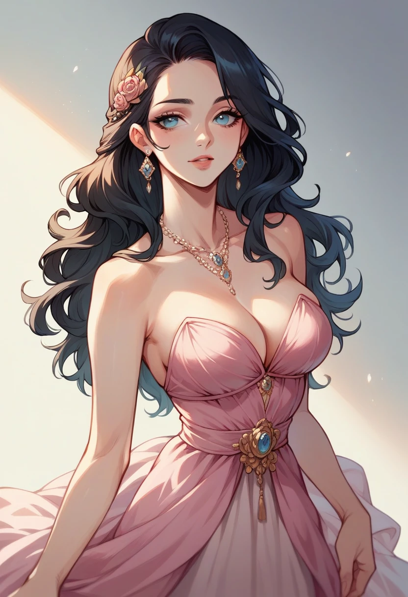 Beautiful girl with long black hair and blue eyes, fair skin and elegant pink dress