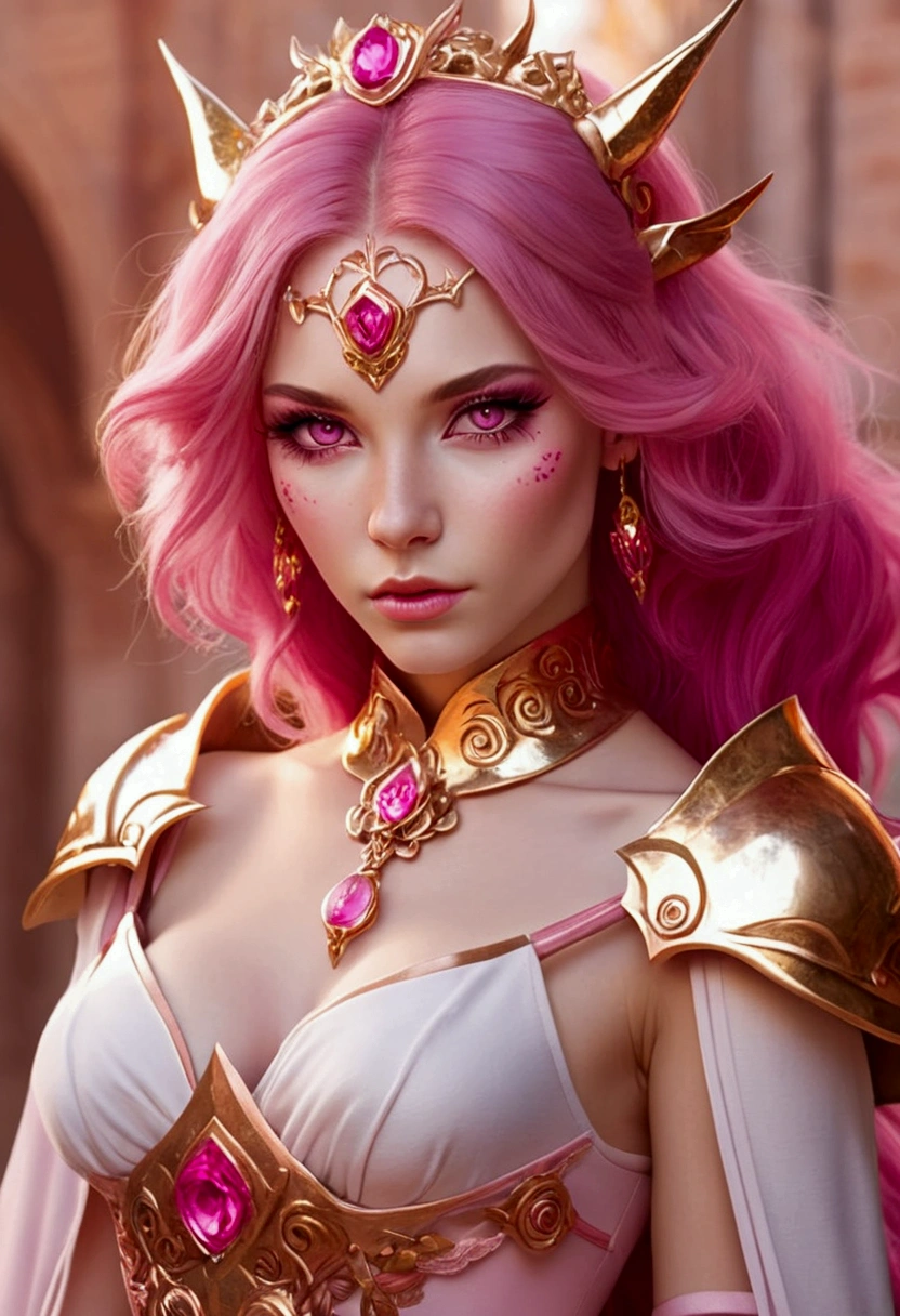 Adorable fair skinned pink haired magenta eyed European and slender young Demon woman pink gold rose gold color warrior princess themed outfit