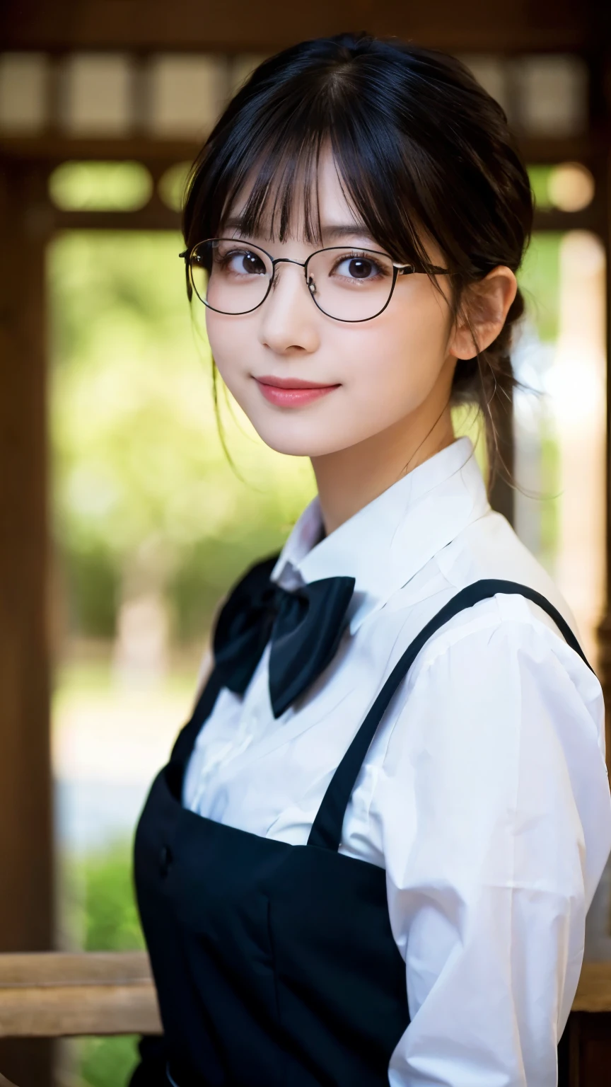 (Highest quality,masterpiece:1.3,Ultra-high resolution),(Very detailed,Caustics,8k),(Realistic:1.4,RAW shooting),A girl dressed as a butler,Japanese,boyish,smile,20-year-old,Short black hair,Glasses,Looking into the camera,Inside the Western-style building,Waist up shot,front,Face Focus,Face close-up,(Warm Light),Professional Writing