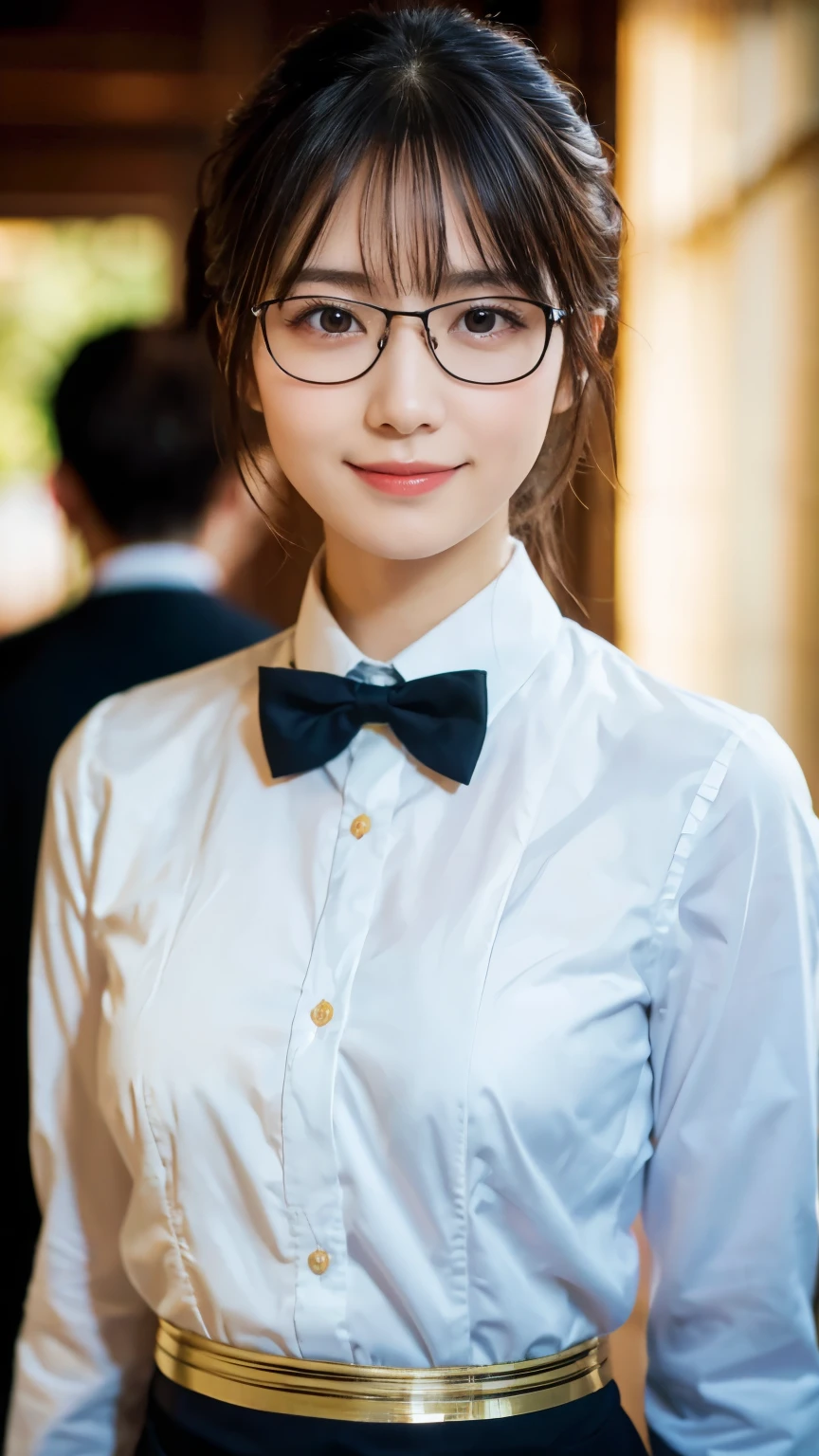 (Highest quality,masterpiece:1.3,Ultra-high resolution),(Very detailed,Caustics,8k),(Realistic:1.4,RAW shooting),A girl dressed as a butler,Japanese,boyish,smile,20-year-old,Short black hair,Glasses,Looking into the camera,Inside the Western-style building,Waist up shot,front,Face Focus,Face close-up,(Warm Light),Professional Writing