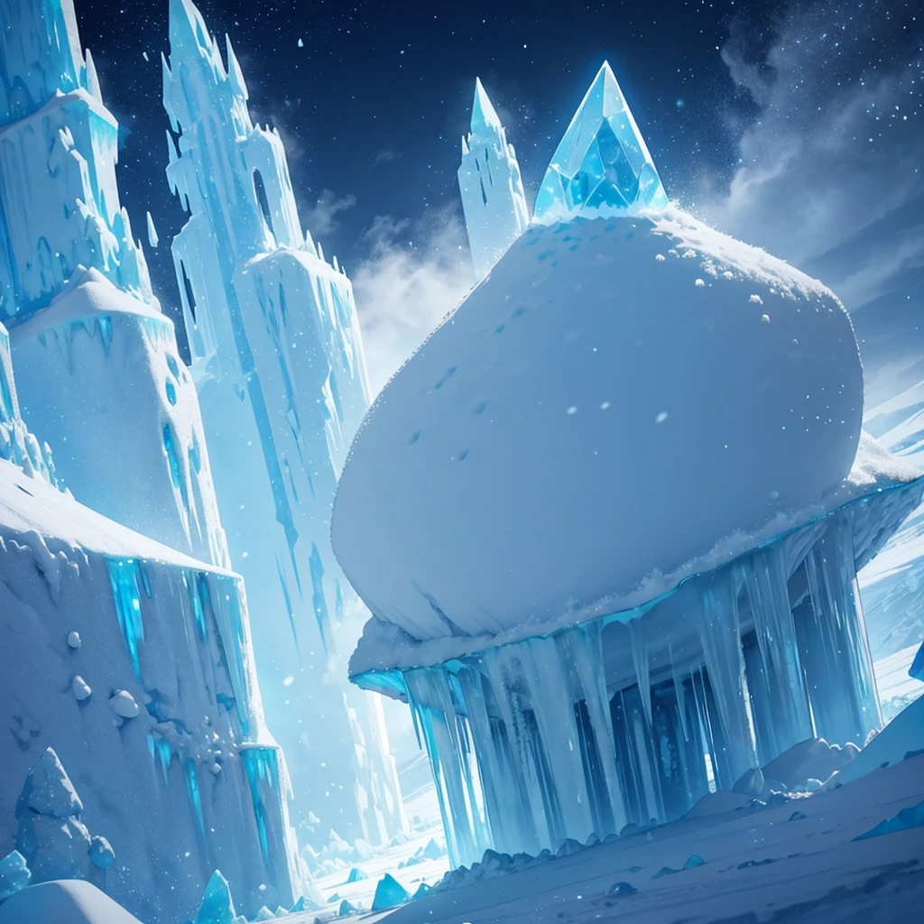 yeti colossal, giant ice pillars, icy aura that freezes the environment, creating snow and ice storms and massive ice squalls. Ice castle scenery and frozen terrain