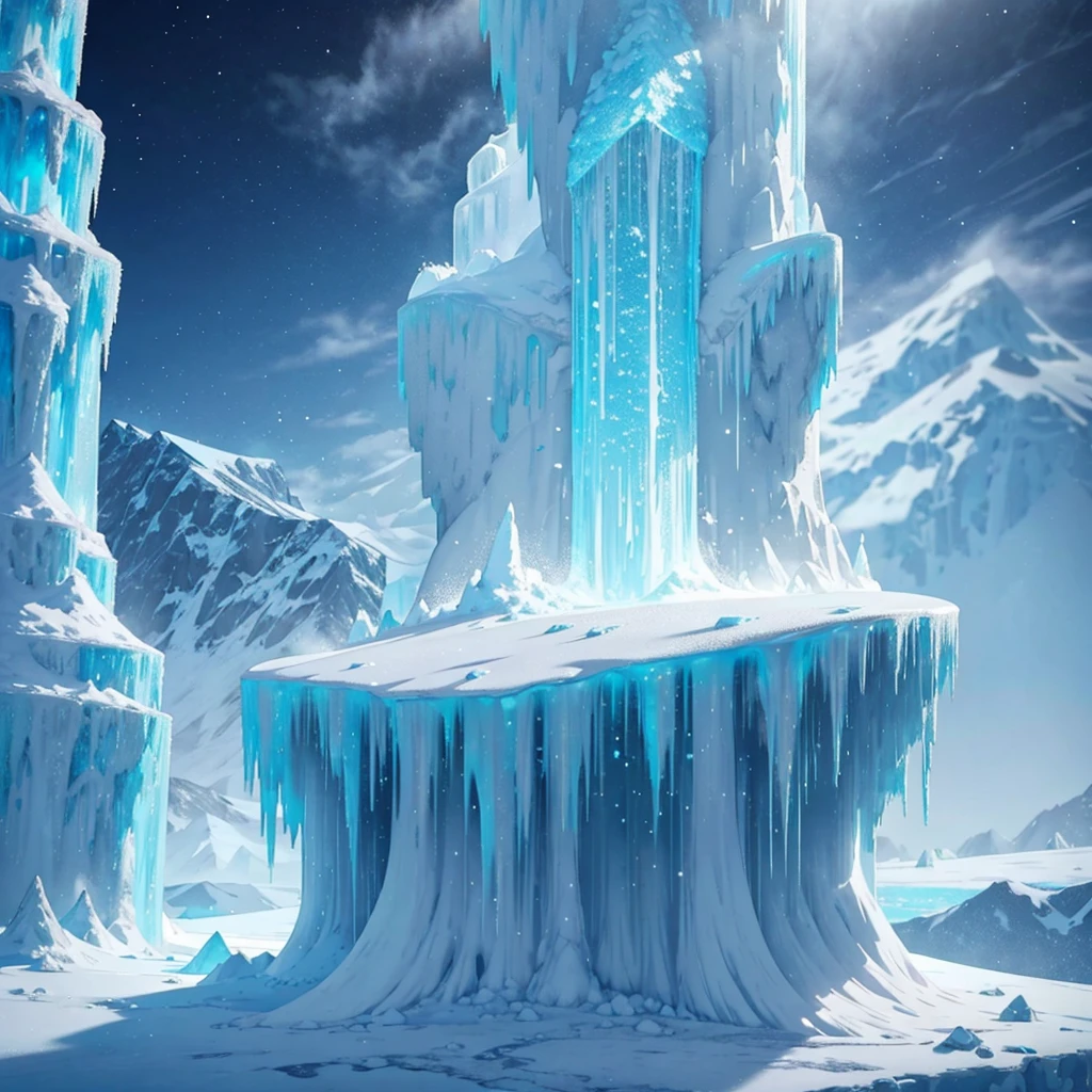 yeti colossal, giant ice pillars, icy aura that freezes the environment, creating snow and ice storms and massive ice squalls. Ice castle scenery and frozen terrain