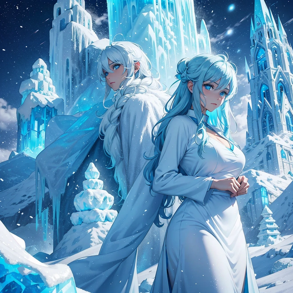 yeti colossal, giant ice pillars, icy aura that freezes the environment, creating snow and ice storms and massive ice squalls. Ice castle scenery and frozen terrain