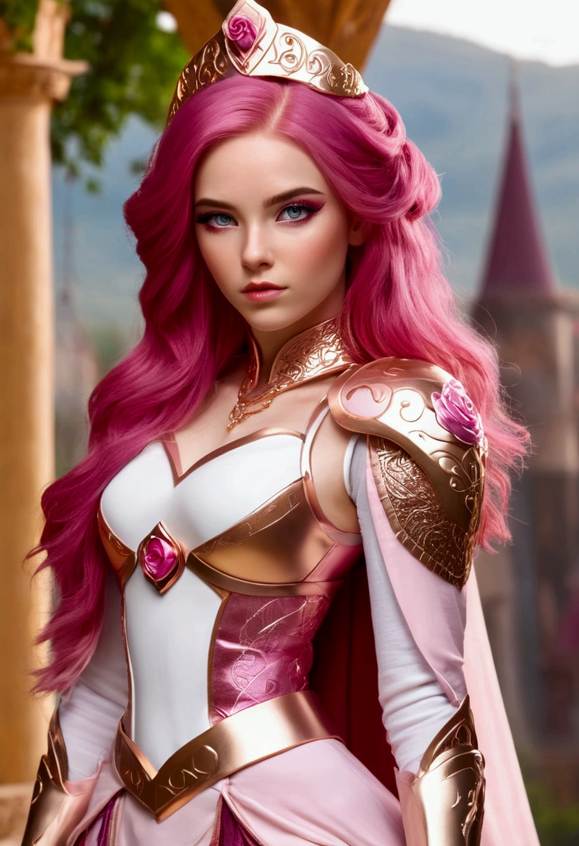 Adorable fair skinned pink haired magenta eyed European and slender young Aeon woman pink gold rose gold color warrior princess themed outfit