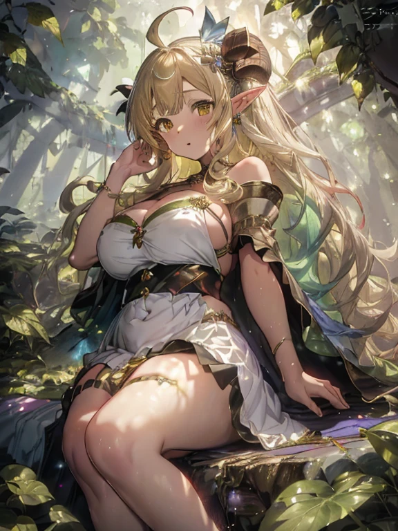 Colorful flowers々Forest in full bloom,Dense vegetation,Big forest,Fluffy pale golden hair,Eyes pale yellow-green,Elf Ears,Unicorn horn,首輪とLock,ボンデージとLock,slave,Luxurious and voluminous white dress, Pushed to the ground,The hem of the dress is very long and wide,coloured butterflies々Fly around(Pale green or yellow, Light purple and light blue),Rainbow Hair,Restrained arms,Ahegao,Red Tide,Watery eye,wood々Soft light shining through the gaps in the leaves,Angel Light Ladder,god々Shining light,Particles floating in the air,Glowing particles,Glamorous Body,Ultra low angle,Curly hair,is,Belly button exposed,Stylish clothes,Stylish hairstyle,Stylish accessories,Underboob,Hairstyle Princess cut,Wrist restraint,Lock,