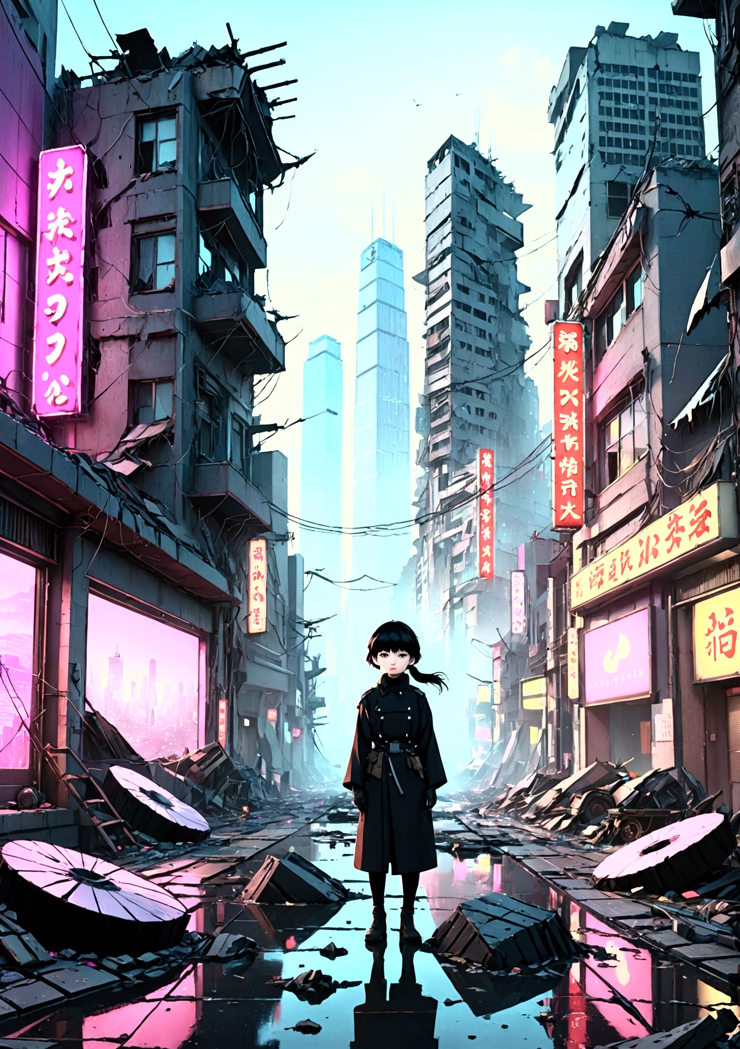 Collapsing Japanese cities,The neon lights are on,Busy appearance, Floating Debris, Beautiful attention to detail, Beautiful lip detail, Very detailed目と顔, Long eyelashes, , Ruined cityscape, Post-apocalyptic, Very detailed, 4K, 8k, Realistic, Cinema Lighting, Dramatic colors, Calm Tones, Grainy, Dystopia, sf, Concept Art