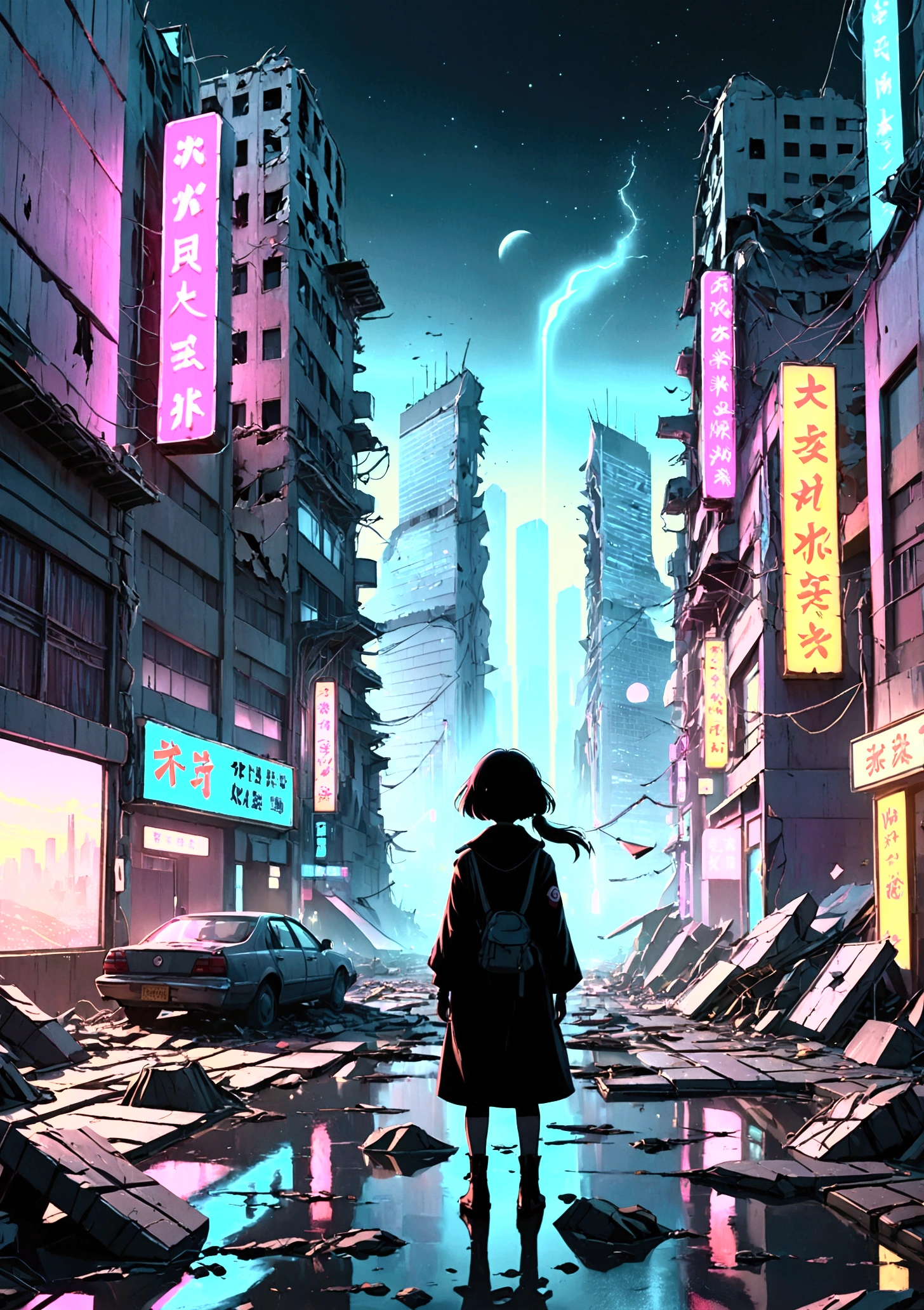 Collapsing Japanese cities,The neon lights are on,Busy appearance, Floating Debris, Beautiful attention to detail, Beautiful lip detail, Very detailed目と顔, Long eyelashes, , Ruined cityscape, Post-apocalyptic, Very detailed, 4K, 8k, Realistic, Cinema Lighting, Dramatic colors, Calm Tones, Grainy, Dystopia, sf, Concept Art