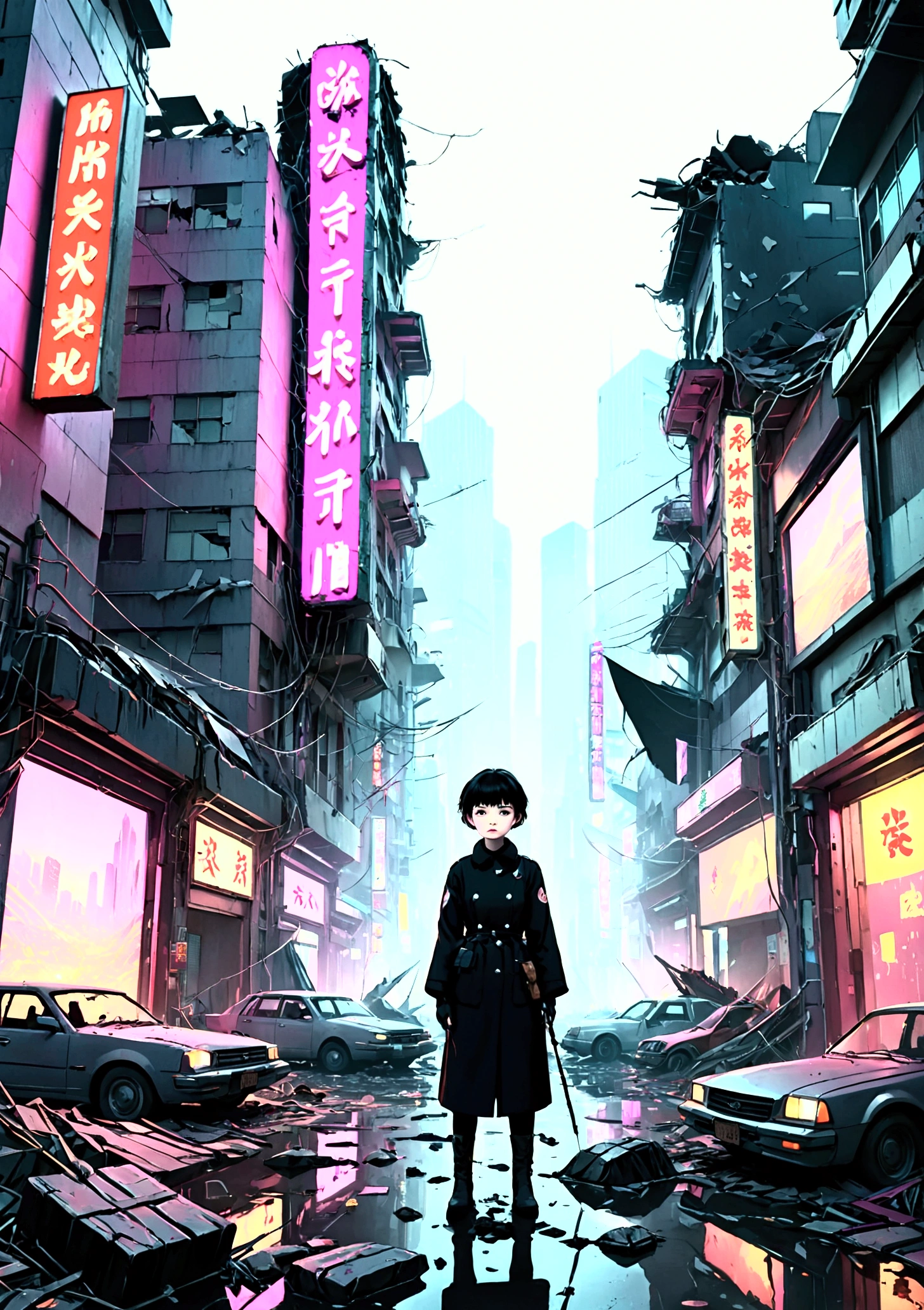 Collapsing Japanese cities,The neon lights are on,Busy appearance, Floating Debris, Beautiful attention to detail, Beautiful lip detail, Very detailed目と顔, Long eyelashes, , Ruined cityscape, Post-apocalyptic, Very detailed, 4K, 8k, Realistic, Cinema Lighting, Dramatic colors, Calm Tones, Grainy, Dystopia, sf, Concept Art