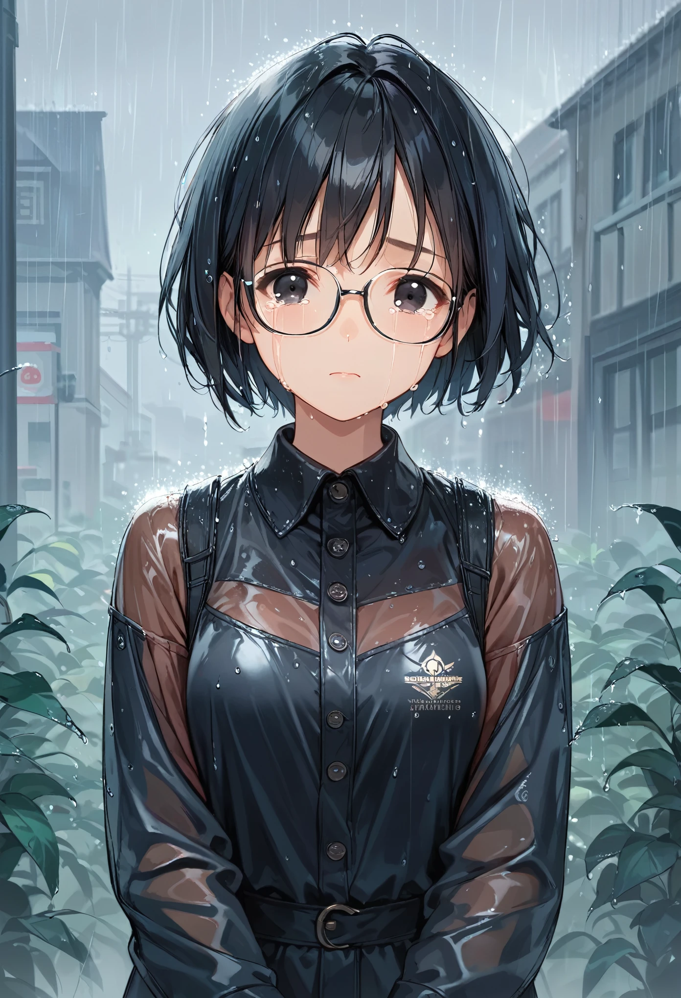 score_9, score_8_up, score_7_up,source_anime, high res image,masterpiece,best quality,girl,cute face,clear skin,black hair,short hair,black eyes,crying,rainy,looking at the sky,glasses,sad