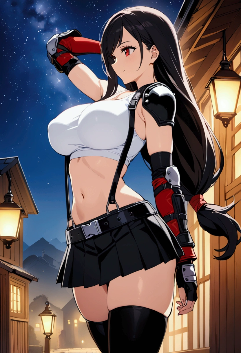 score_9,score_8_up,score_7_up,BREAK source_anime, masterpiece, best quality, (recent), perfect anatomy, very aesthetic,anime style,,mediumshot,Solo,1girl, tifa lockhart, final fantasy,black hair, low-tied long hair, red eyes, bangs, (white tank top,gap),(High exposure)，the ribs,,(belt, pleated skirt, thighhighs, elbow fingerless gloves, elbow pads, midriff, navel,suspenders.skirt),beautiful waist ,(large_breast:1.3),from side,standing,arm up,arm in hair,light smile,,,outdoor,star sky,night, skin tight,  depth of field、beautifully lit,great lighting　　