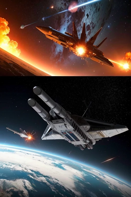 Series of spaceships attacking planet Earth, explosoes, missiles exploding on earth, catastrophic explosions on the surface of the earth