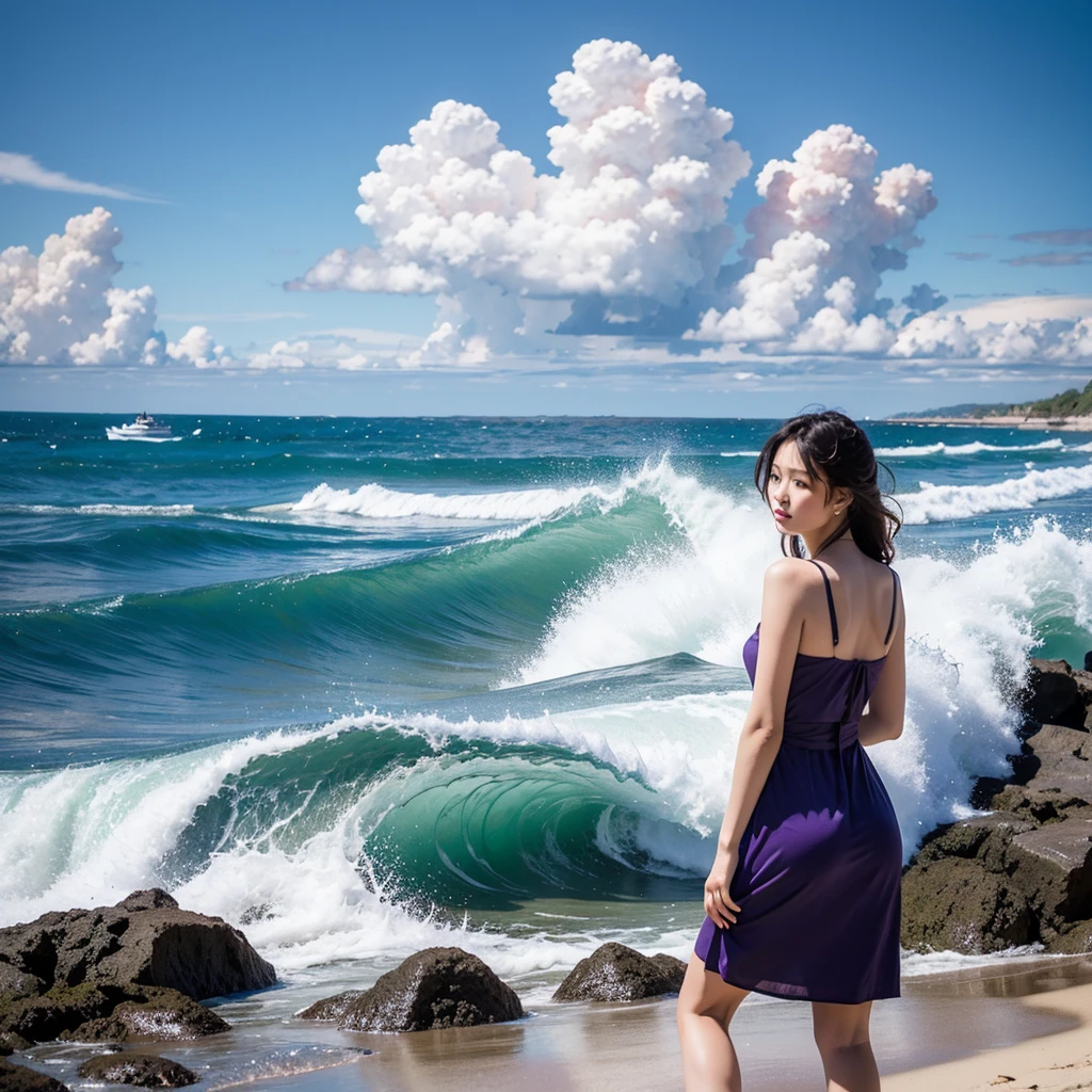 Highest quality,masterpiece,Ultra-high resolution,(Actual:1.4),オリジナルphotograph,Ultra-high resolution，summer,Blue sky,blue sky,8k,Beautiful woman，cute,beautiful,summer,Beach,Fair skin，Exquisite makeup，Big waves，Purple Dress，Sandy Beach，Long legs，Bright and beautiful，Blue sky,Clouds flowing、A scene from a movie,photograph,