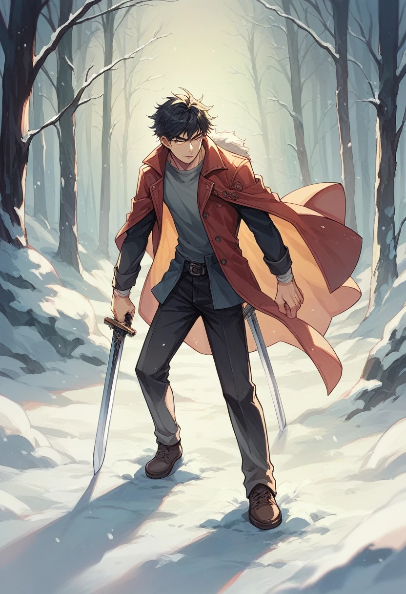an adult and experienced male character with a robust and fit body, 2d, with hair and eyes as black as darkness, skin clear as snow, wearing casual clothes and wielding a long black sword. dentro de uma floresta