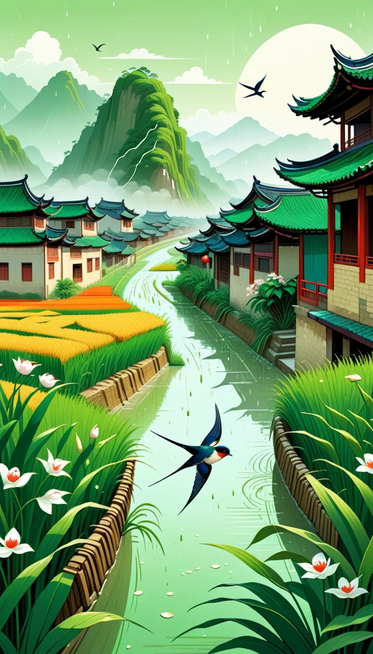 Qingming Festival Chinese countryside, plants and flowers, swallows, wicker, rice field, light rain, river, bright, spring green, bright background, blank at the top of the frame, flat illustration, Victo Ngai style