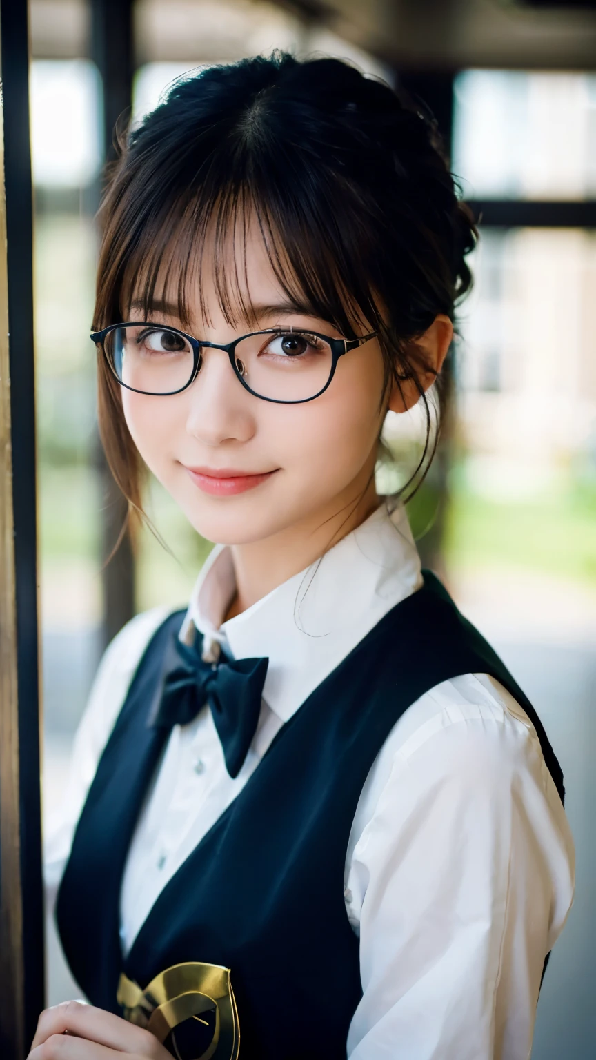 (Highest quality,masterpiece:1.3,Ultra-high resolution),(Very detailed,Caustics,8k),(Realistic:1.4,RAW shooting),A girl dressed as a butler,Japanese,boyish,smile,20-year-old,Short black hair,Glasses,Looking into the camera,Inside the Western-style building,Waist up shot,front,Face Focus,Face close-up,(Warm Light),Professional Writing
