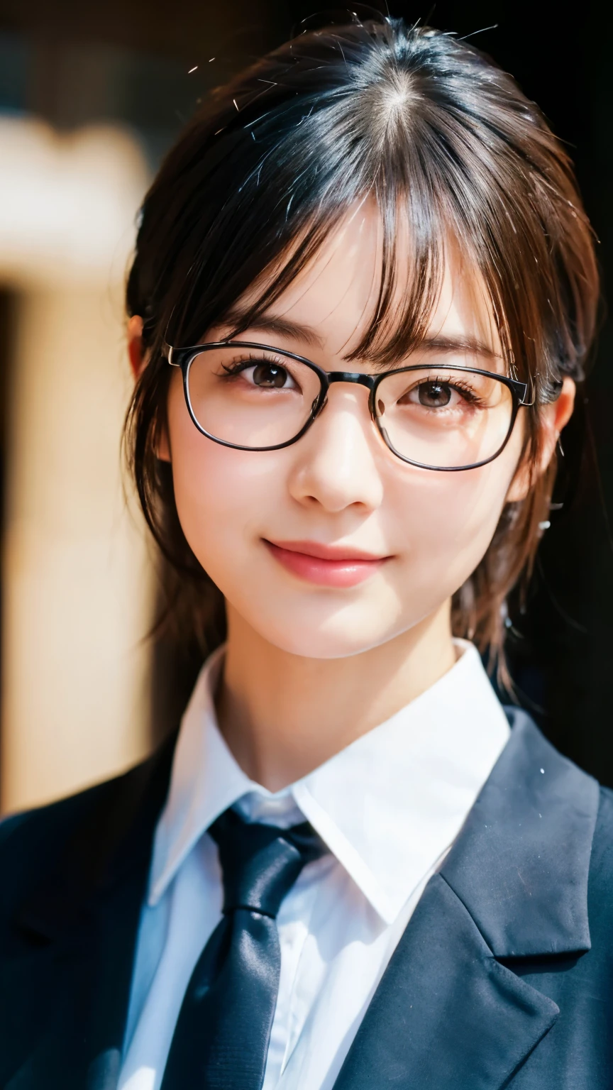 (Highest quality,masterpiece:1.3,Ultra-high resolution),(Very detailed,Caustics,8k),(Realistic:1.4,RAW shooting),A girl dressed as a butler,Japanese,boyish,smile,20-year-old,Short black hair,Glasses,Looking into the camera,Inside the Western-style building,Waist up shot,front,Face Focus,Face close-up,(Warm Light),Professional Writing