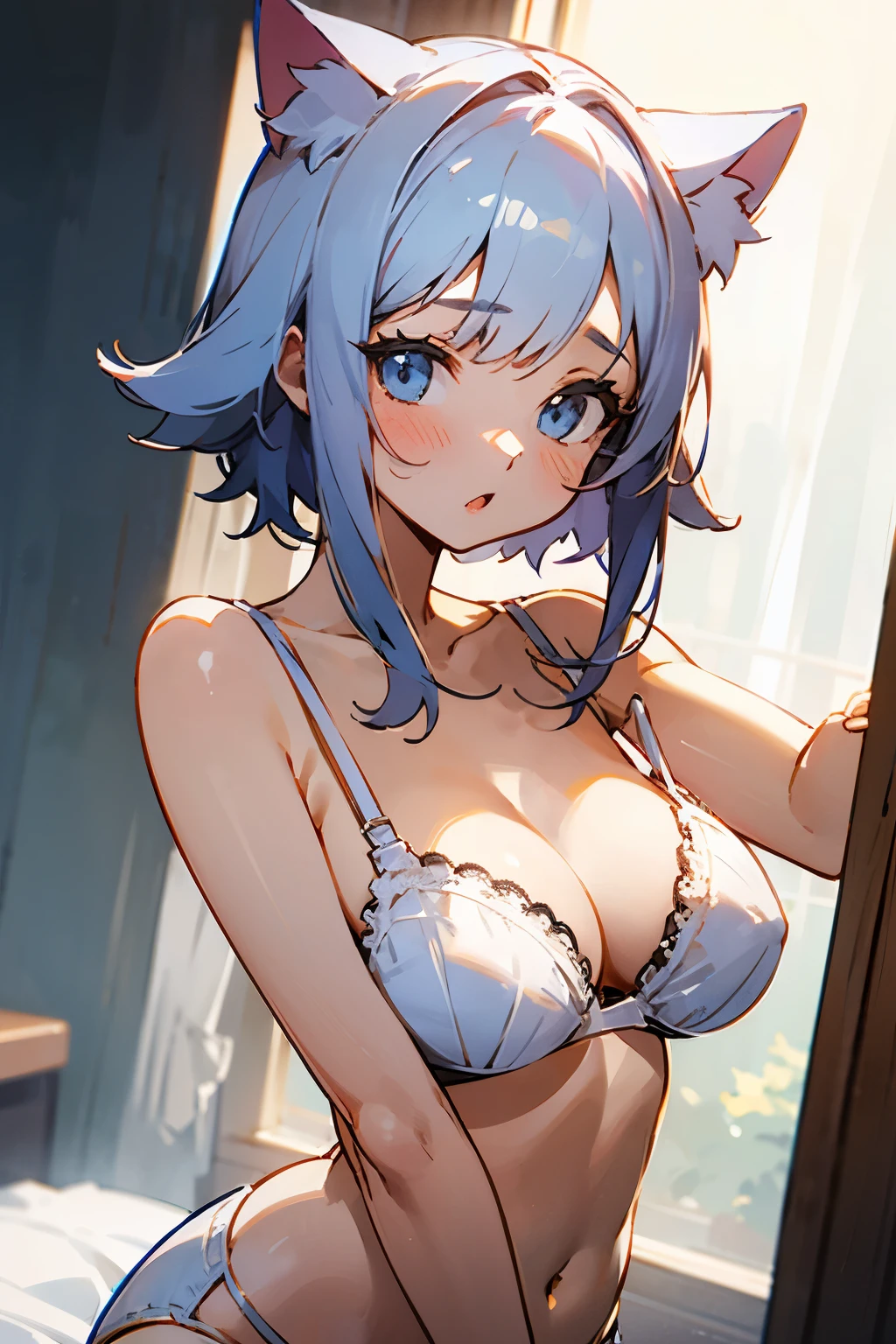 White bra、Cat-eared girl wearing white panties