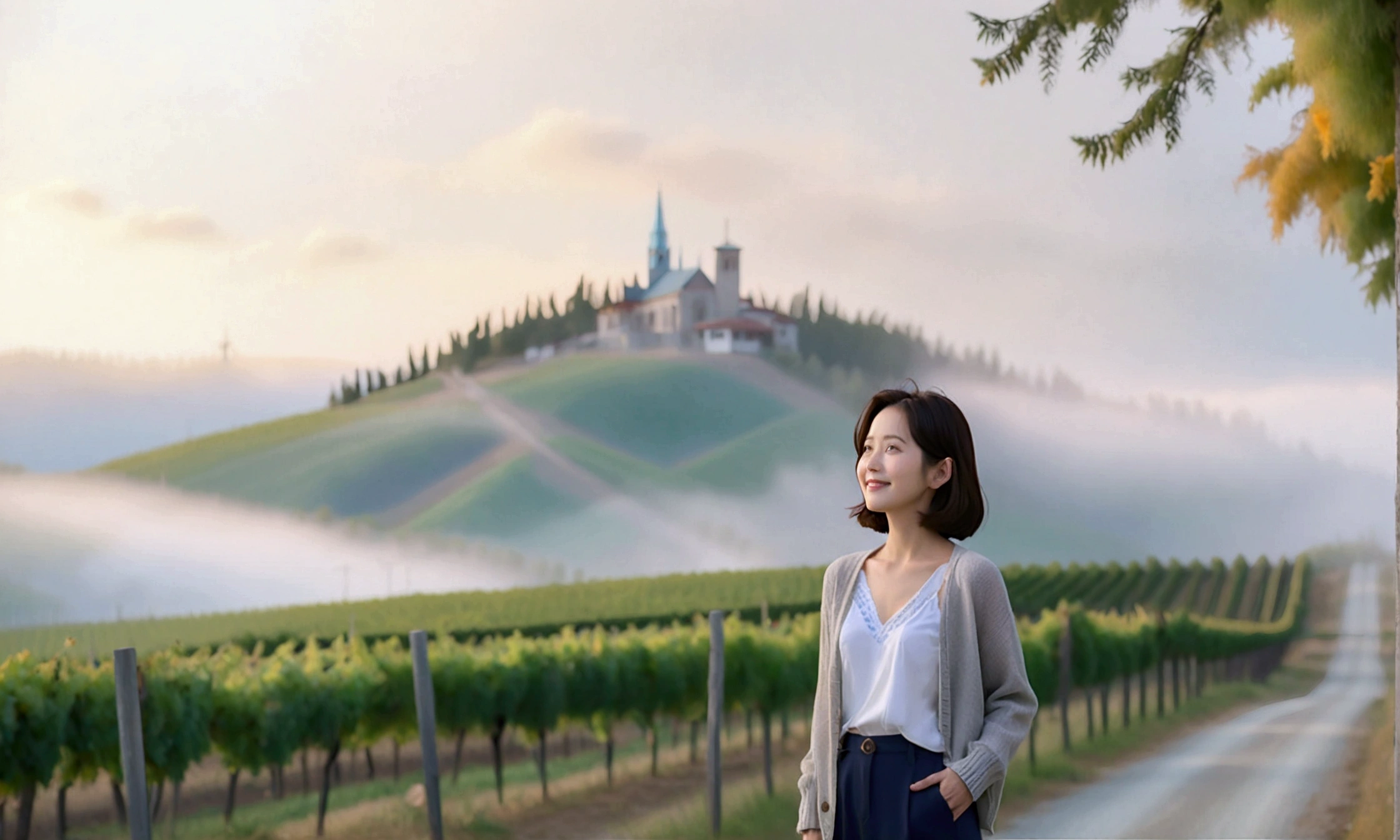 Intentional quality, In 8K, 32K, Photo of a beautiful 36-year-old Korean woman, short medium hair, Inspired by Son Ye-jin, whole body, face focus, Shirt that goes up to the neck and a short cardigan from a luxury brand, beige casual pants, Italian countryside vineyard background, Ranged、make a happy face, 새벽 진한 한개속 The cathedral is visible in the distance, There is thick fog, path, looking up the side, Wear a shirt that covers your chest, The cathedral is visible in the distance, Photo of endless vineyard scenery, look up the side. thick dawn fog, Well-groomed hair, Photo of an elegant and modest woman, Endless vineyards, Vivid picture quality, Clear picture quality, 언덕 위 path, 1 woman, colonnade가 있는 휘어진 path 언덕에서 바라본다. colonnade, The waist area is visible. 휘어진 path에 서있다, colonnade가 있는 어덕길에 서있다. Luxury brand large horn rimmed sunglasses, Sunglasses details, Sunglasses are the same size on both sides, Looking down on the vineyard from the hill, The cathedral is visible in the distance