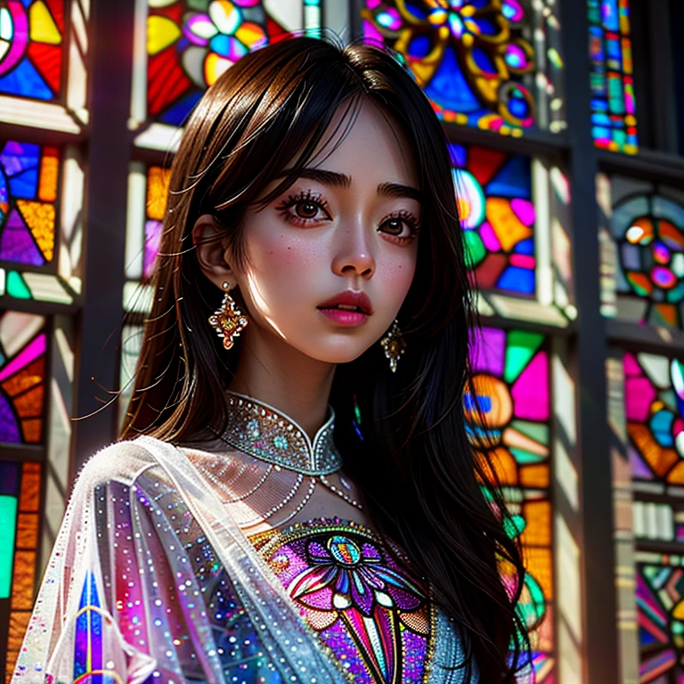 SFW, concept art, Tiny junior idol, (Detailed Delicate lace knitted white clothes), (nipple:-0.9), face closeup, (Elaborate stained glass Background:1.37), (((Renbutsu Misako), colorful Light shines through delicate stained glass:1.2, vivid red colors, Luminous Particles, light Particles))(Acutance:0.8). (ProfessionalPhoto:1.2),(ultra-detailed:1.37), (Extremely detailed KAWAII face variations, innocent expression variations), rosy cheeks, intricate detailed eyes with sparkling highlights, long eyelashes with volume, subtle blush on the face. Mystic sight, haze, Impeccable Radiant PearlSkin with Transparency, captivating gaze, ((Dynamic-angle)), whole Body proportions and all limbs are anatomically accurate .