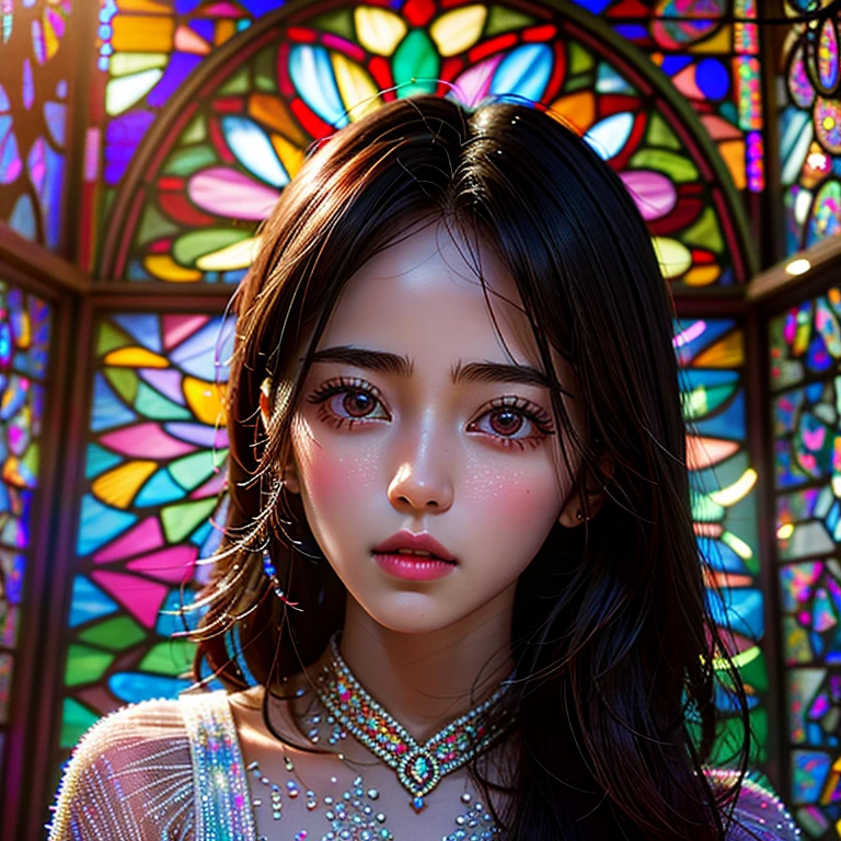 SFW 14yo, concept art, (PICHIPICHI KAWAII junior idol), (Detailed Delicate lace knitted white clothes), (nipple:-0.9), (Elaborate stained glass Background:1.37), (((Renbutsu Misako), colorful Light shines through delicate stained glass:1.2, vivid red colors, Luminous Particles, light Particles))(Acutance:0.8). (ProfessionalPhoto:1.2),(ultra-detailed:1.37), (Extremely detailed KAWAII face variations, innocent expression variations), rosy cheeks, intricate detailed eyes with sparkling highlights, long eyelashes with volume, subtle blush on the face. Mystic sight, haze, Impeccable Radiant PearlSkin with Transparency, captivating gaze, ((Dynamic-angle)), whole Body proportions and all limbs are anatomically accurate . (Exposed:0.64) (from Polar View Point)
