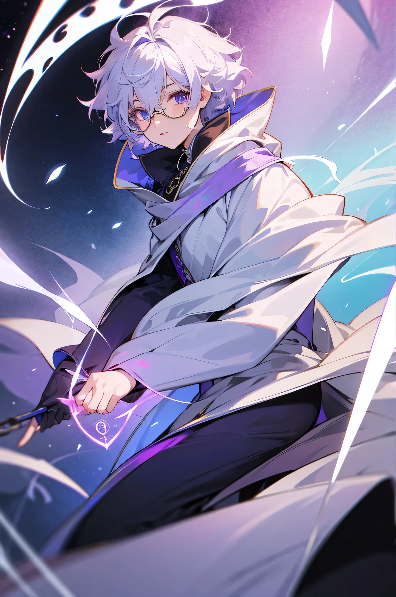Androgynous white magician, RPG, curly short silver hair, eyes color lilac, using glasses, using time magic