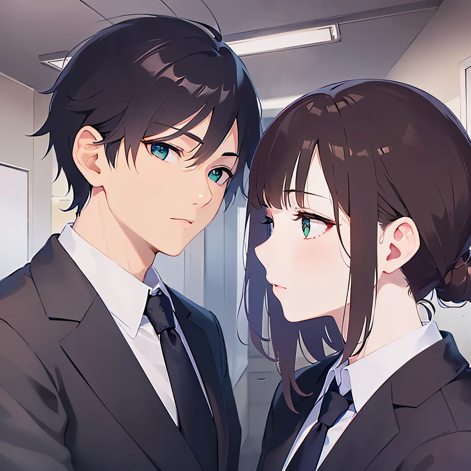 side angle, Close-up of your face、(looking away:1.5), shiny skin, masterpiece、Highest quality、(25-year-old male:1.5) and (Brown short hair) and (Green Eyes), (Wearing a suit:1.3) and (Blue tie)、Are standing、Serious expression、 Background is an office room、(Alone:1.5)、