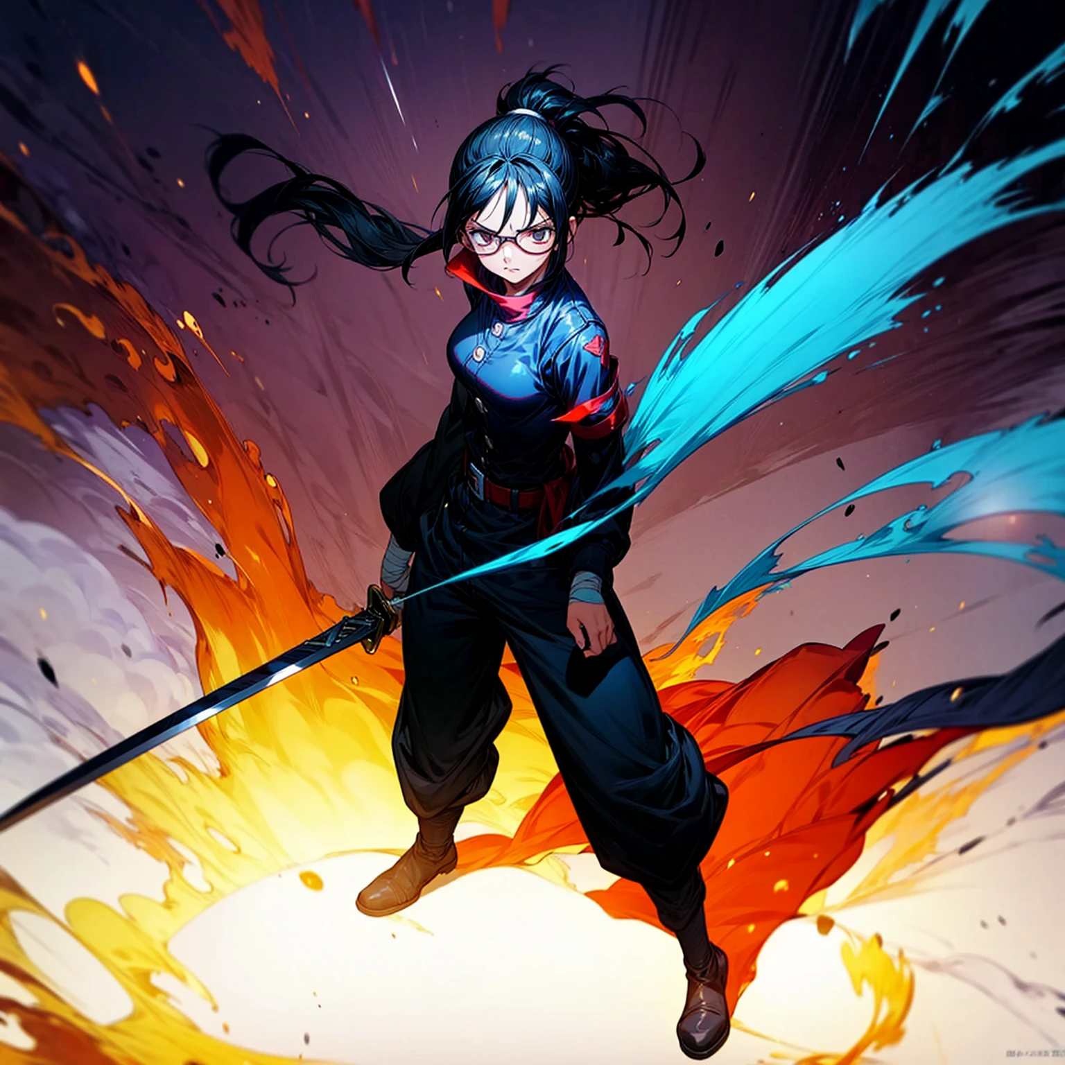 Grassroot, full body version, solo, girl, glasses, black colour hair, ponytail hair, brown eyes, sad eyes, red lipstick, soldier clothing, bandage, belts, long pants, boots, shadow, (Hunter x Hunter style art), standing gesture, sword in hand, Fire on sword, light fire on sword, smoke effect, plasma effect, blood on background, lighting effect on eyes, motion blur 