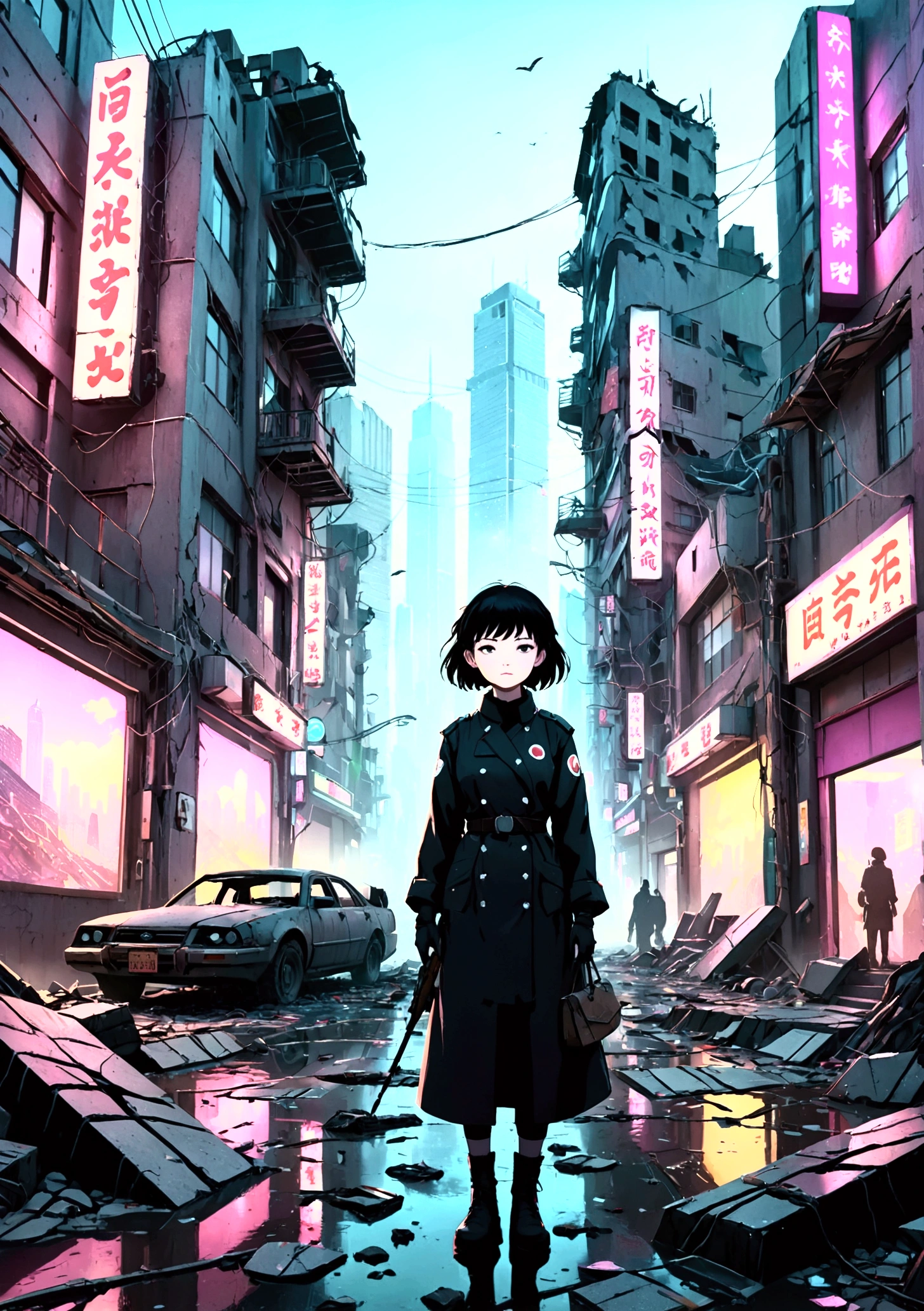 Collapsing Japanese cities,The neon lights are on,Busy appearance, Floating Debris, Beautiful attention to detail, Beautiful lip detail, Very detailed目と顔, Long eyelashes, , Ruined cityscape, Post-apocalyptic, Very detailed, 4K, 8k, Realistic, Cinema Lighting, Dramatic colors, Calm Tones, Grainy, Dystopia, sf, Concept Art