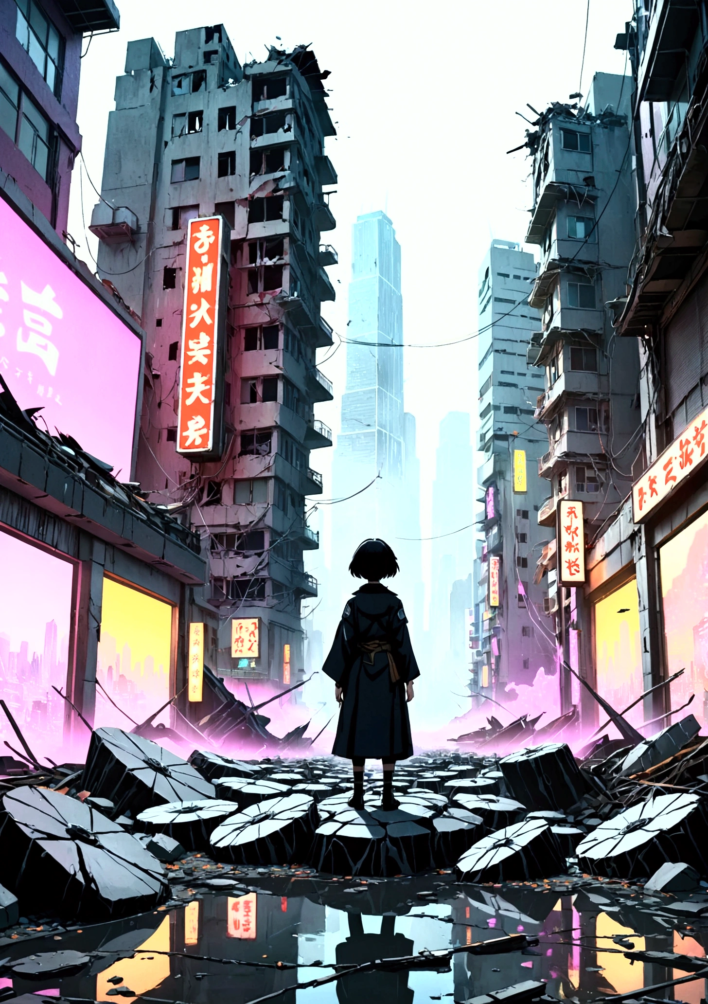 Collapsing Japanese cities,The neon lights are on,Busy appearance, Floating Debris, Beautiful attention to detail, Beautiful lip detail, Very detailed目と顔, Long eyelashes, , Ruined cityscape, Post-apocalyptic, Very detailed, 4K, 8k, Realistic, Cinema Lighting, Dramatic colors, Calm Tones, Grainy, Dystopia, sf, Concept Art