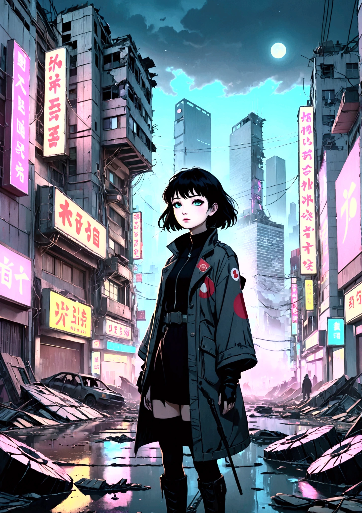 Collapsing Japanese cities,The neon lights are on,Busy appearance, Floating Debris, Beautiful attention to detail, Beautiful lip detail, Very detailed目と顔, Long eyelashes, , Ruined cityscape, Post-apocalyptic, Very detailed, 4K, 8k, Realistic, Cinema Lighting, Dramatic colors, Calm Tones, Grainy, Dystopia, sf, Concept Art