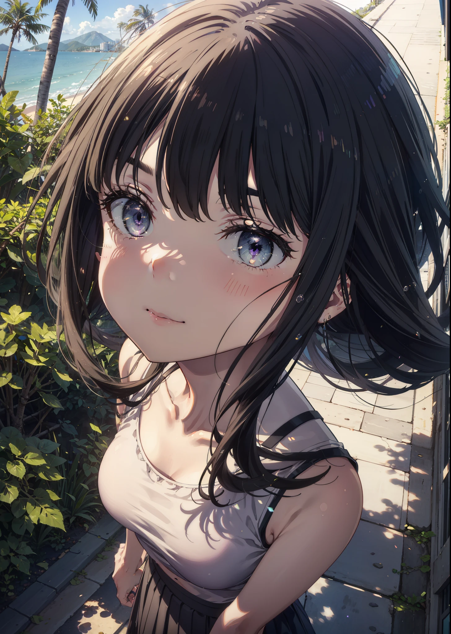 Takiuchikami, Long Hair, bangs, Black Hair, (Purple eyes:1.2),Blue Tank Top,White long skirt,Heeled Sandals,Daytime,Clear skies,Palm tree,Are standing,smile,Close your mouth,Walking,blush,whole bodyがイラストに入るように,
break outdoors, tropical,Tropical,Coastal Road,
break looking at viewer, whole body,
break (masterpiece:1.2), Highest quality, High resolution, unity 8k wallpaper, (figure:0.8), (Beautiful attention to detail:1.6), Highly detailed face, Perfect lighting, Highly detailed CG, (Perfect hands, Perfect Anatomy),