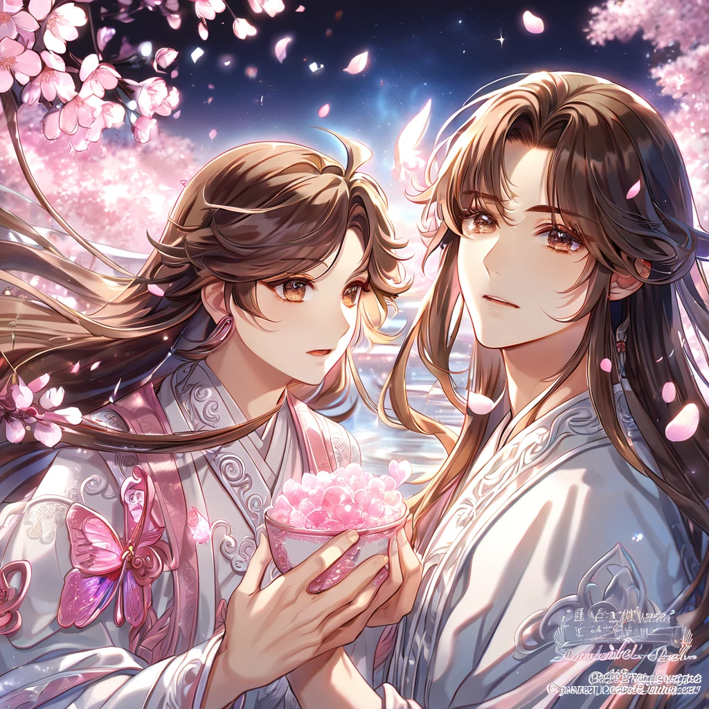 absurdres, highres, ultra detailed, HDR, master piece, best quality, extremely detailed, Xie Lian, brown hair, long hair, expressive brown eyes, Heaven Official's Blessing, solo, sexy man, handsome, sensual, white robes, magical, sparkling, pink glittering fireflies, pink ice, pink ice butterflies, pink ice petals, pink ice cherry blossoms, pink crystal