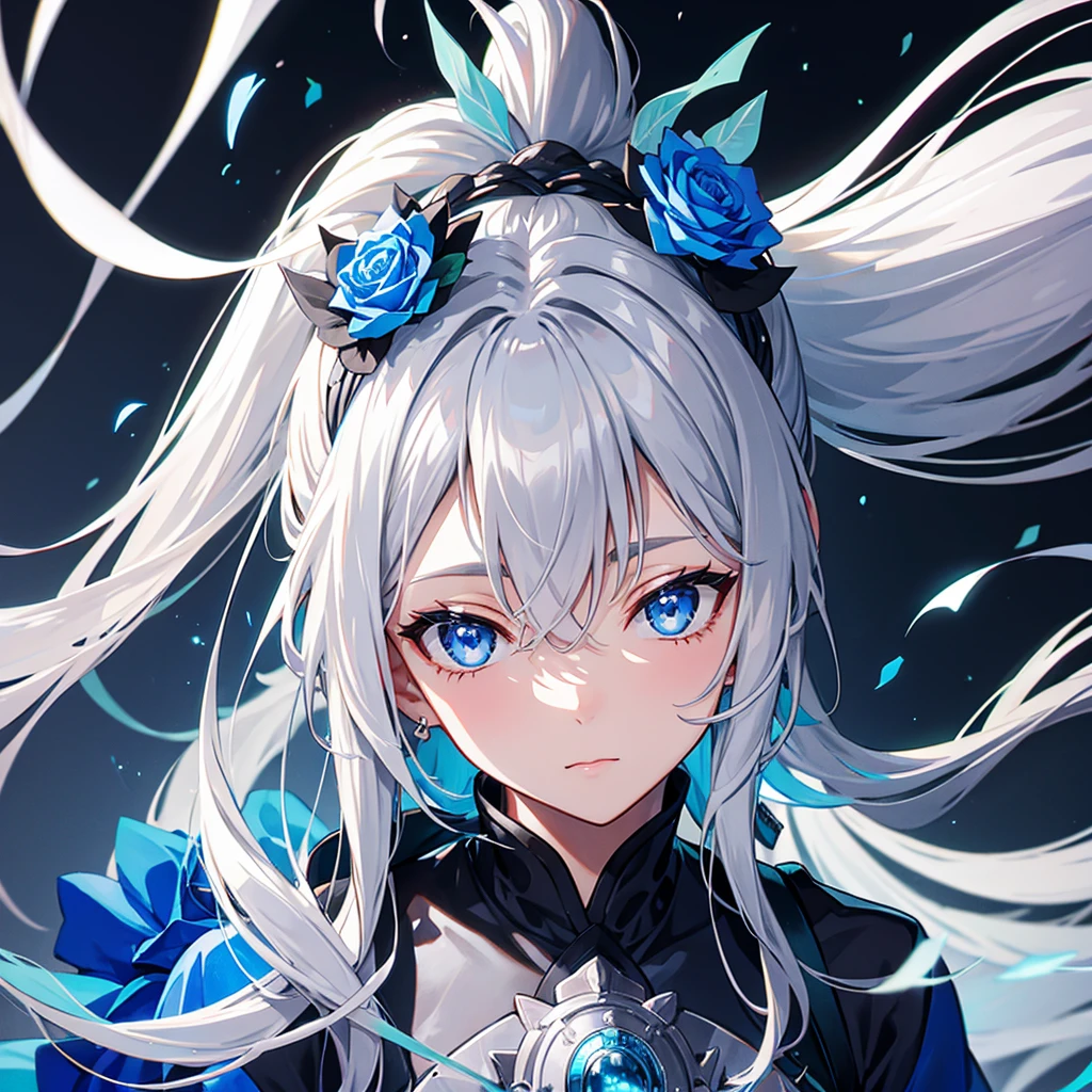 ((((Gray Hair、ponytail、Long Hair 1 person Blue eyes、Shine)))) (((Adult women、slender Close-up Rin々Funny face Blue rose))) ((Blue and white kimono)) (Belligerent Black background、Shine背景 白くShine縁)