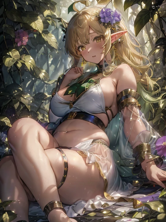 Colorful flowers々Forest in full bloom,Dense vegetation,Big forest,Fluffy pale golden hair,Eyes pale yellow-green,Elf Ears,Unicorn horn,首輪とLock,ボンデージとLock,slave,Luxurious and voluminous white dress, Pushed to the ground,The hem of the dress is very long and wide,coloured butterflies々Fly around(Pale green or yellow, Light purple and light blue),Rainbow Hair,Restrained arms,Ahegao,Red Tide,Watery eye,wood々Soft light shining through the gaps in the leaves,Angel Light Ladder,god々Shining light,Particles floating in the air,Glowing particles,Glamorous Body,Ultra low angle,Curly hair,is,Belly button exposed,Stylish clothes,Stylish hairstyle,Stylish accessories,Underboob,Hairstyle Princess cut,Wrist restraint,Lock,White panties,See-through,