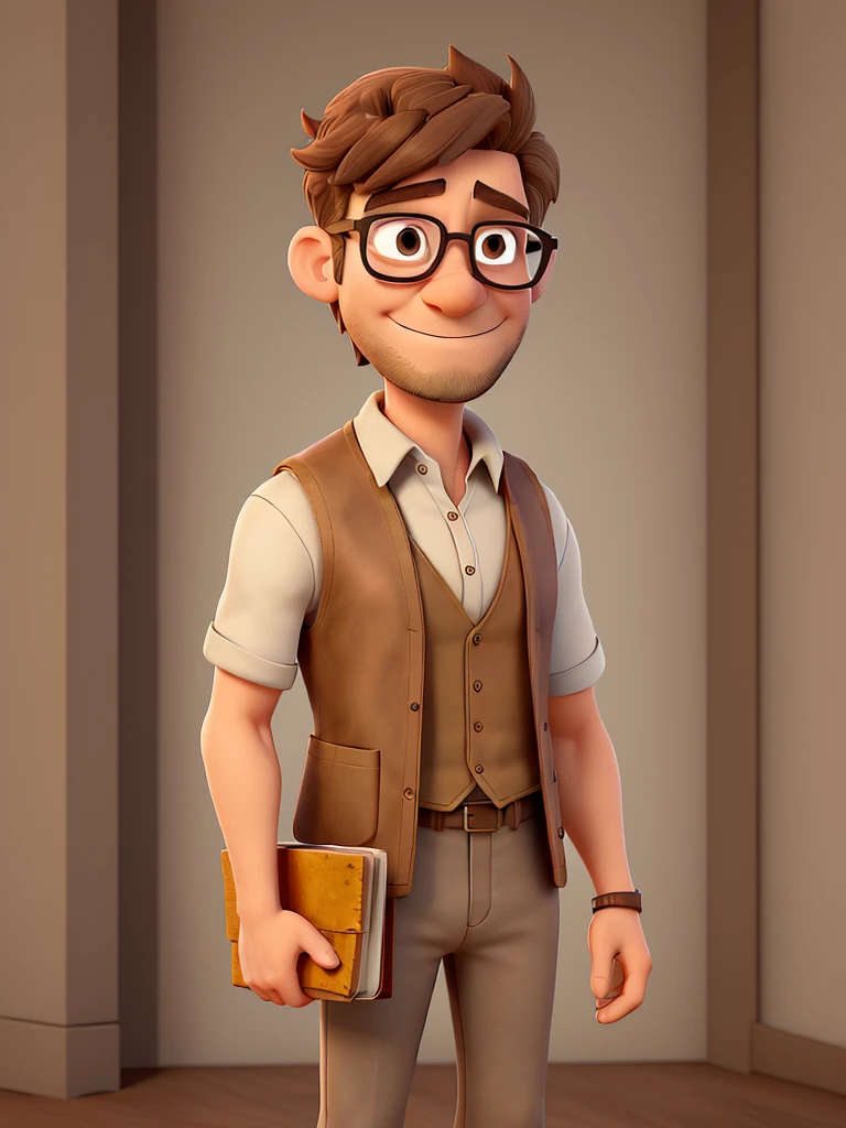 Man approximately 35 years old, of medium height, with light brown hair, short and well-combed. He has a thin beard, and wears thin-framed glasses that highlight his brown eyes.. He wears a simple white shirt, with a gray wool vest, and dark pants, giving it a formal look, but affordable. he finds an old manuscript, bound in worn leather with yellowed pages. He carefully carries the manuscript to a reading table., where you start to leaf through it delicately.