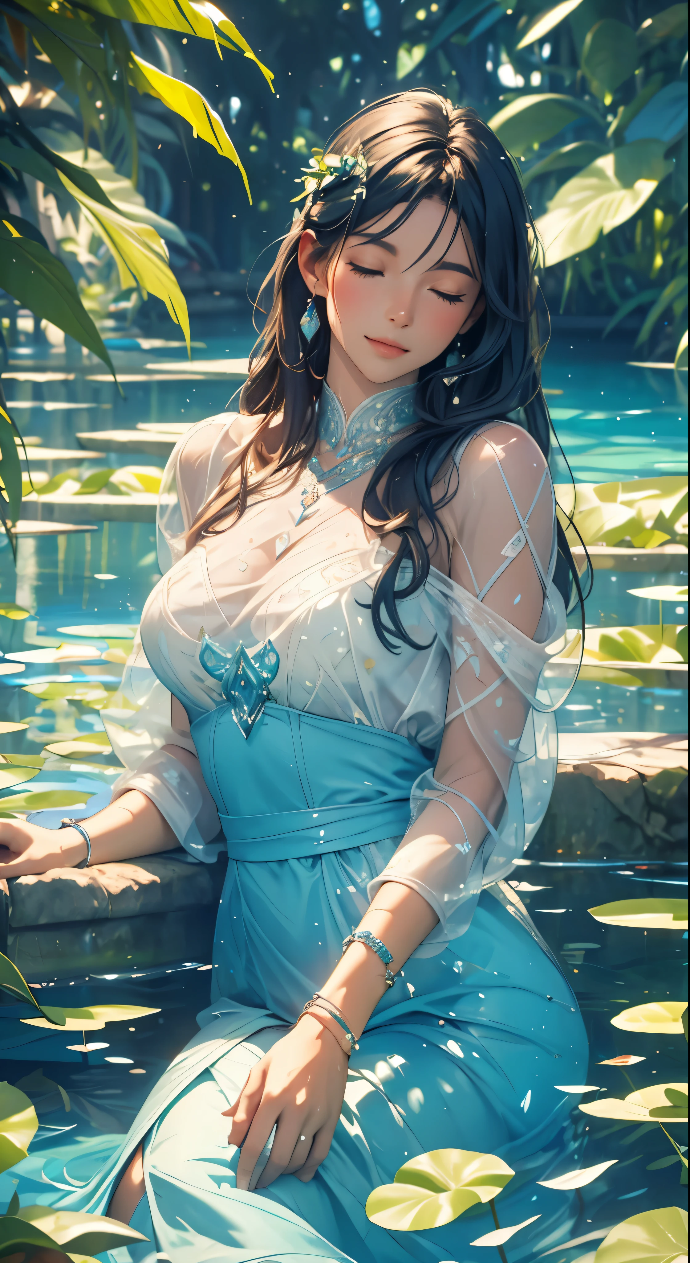 Woman lying on the water, Eyes closed, The water surface is covered with plants, Overall clear image, A transparent god, Beautiful blue image, Monet, chromatic aberration, cinematic lighting, fisheye, UHD, high details, best quality, highres, 8k