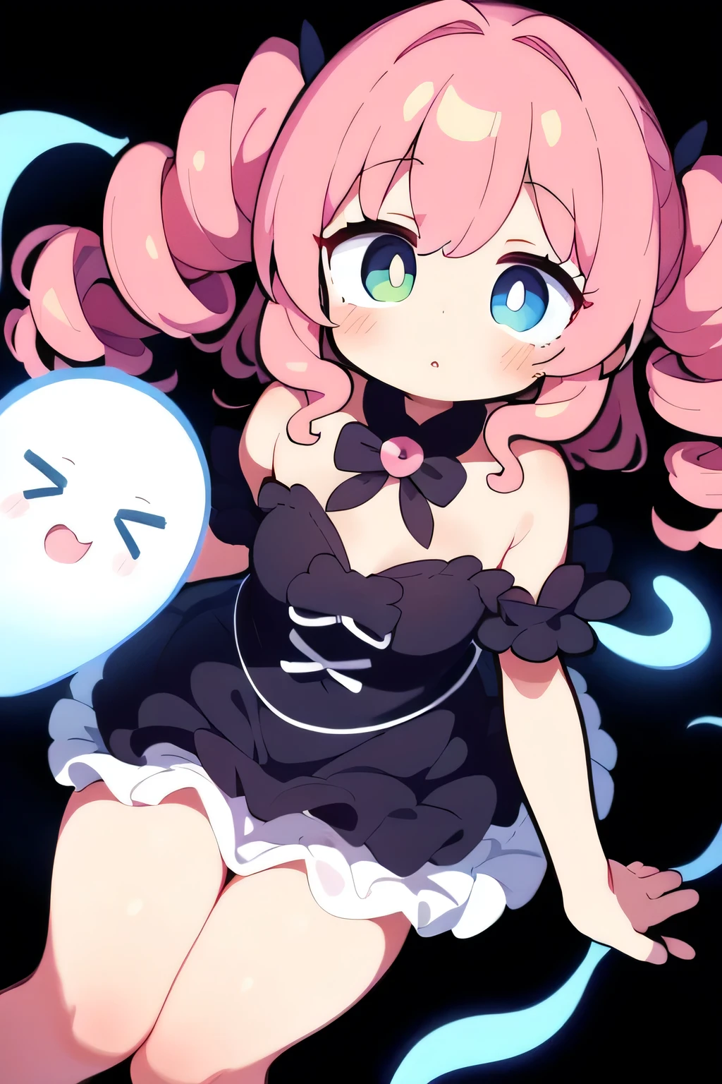 (masterpiece, best quality), 1girl, curly hair, curlers, light pink hair, a flower ornament in her hair, dark blue eyes, cute, beautiful, ghost costume, legs, dynamic angle, 